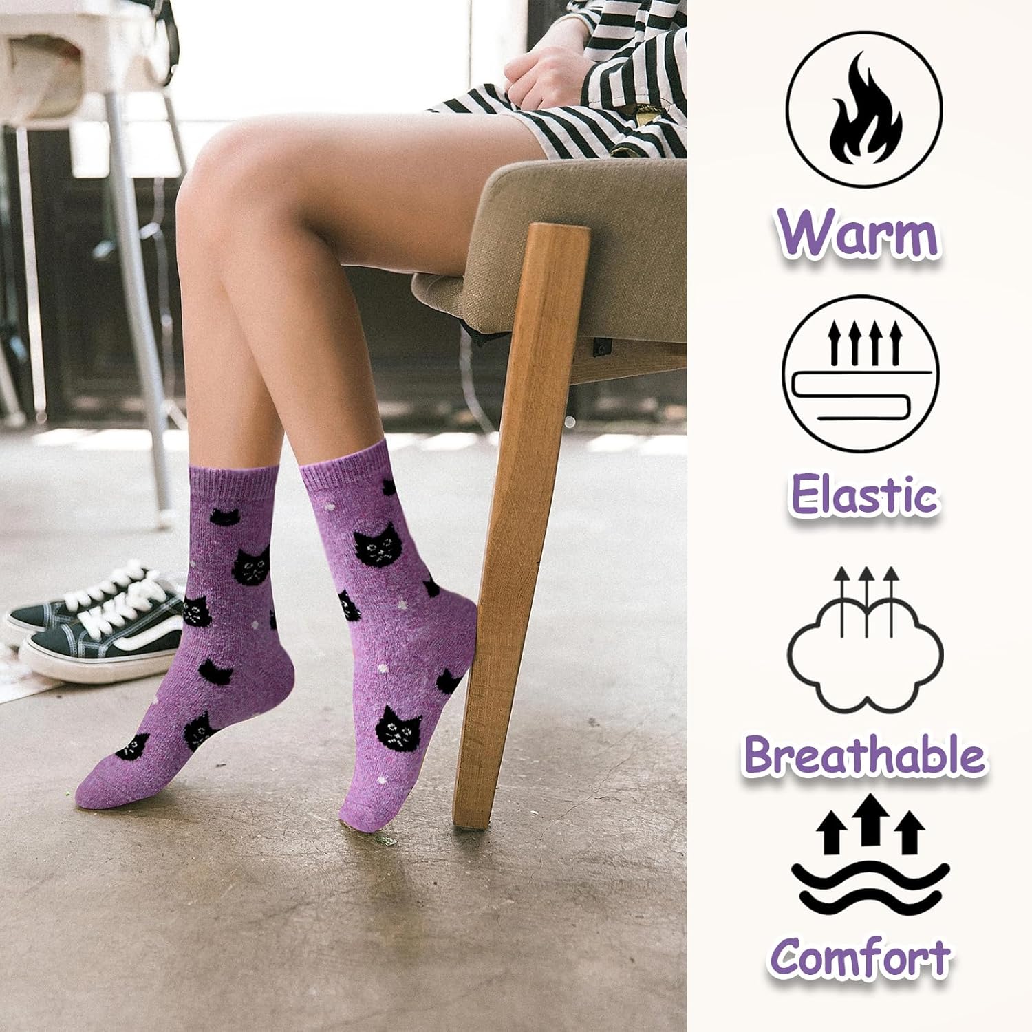 Women's Merino Wool Dress Socks - Thin, Warm, Hiking Crew & Cute Heart/Cat 6/5 Pairs - Image 6