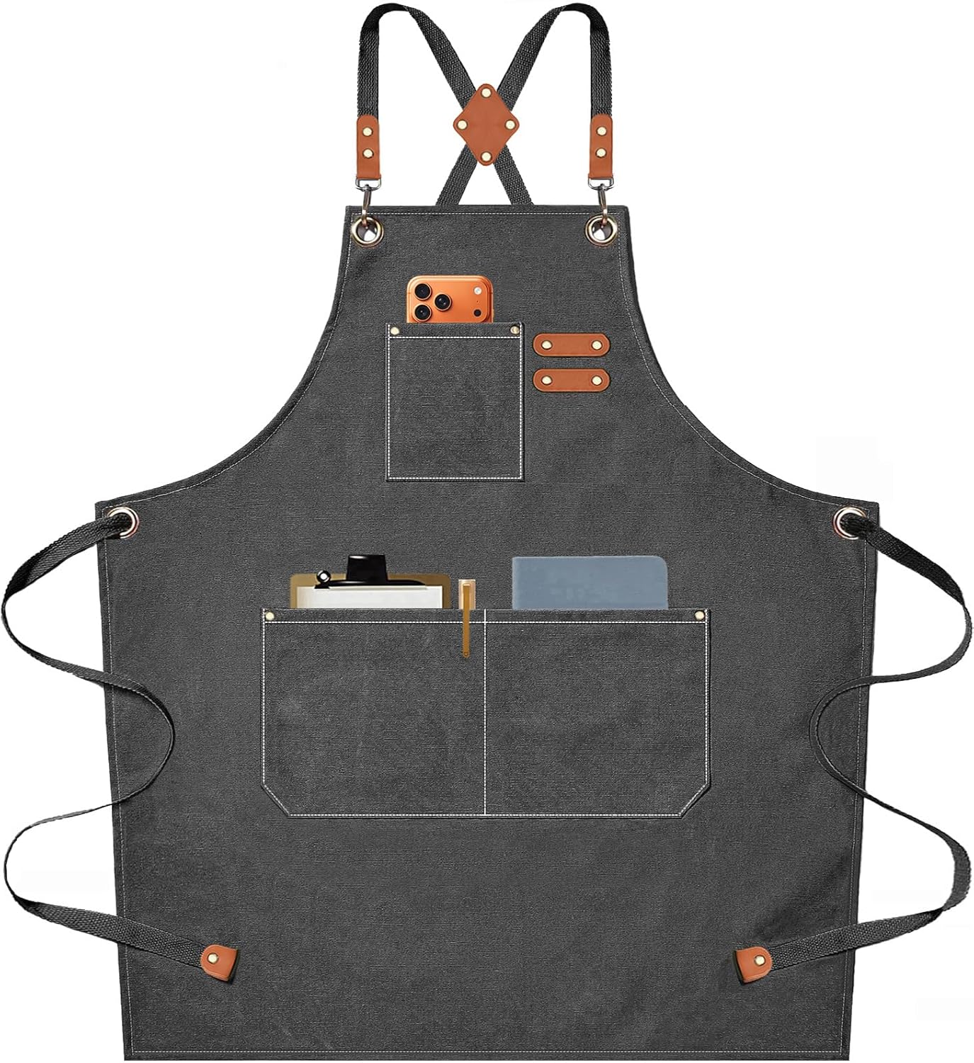 AFUN Heavy Duty 16oz Cotton Canvas Chef Apron for Men Women - Cross Back Straps, Oversized Pockets, Grey Work Apron
