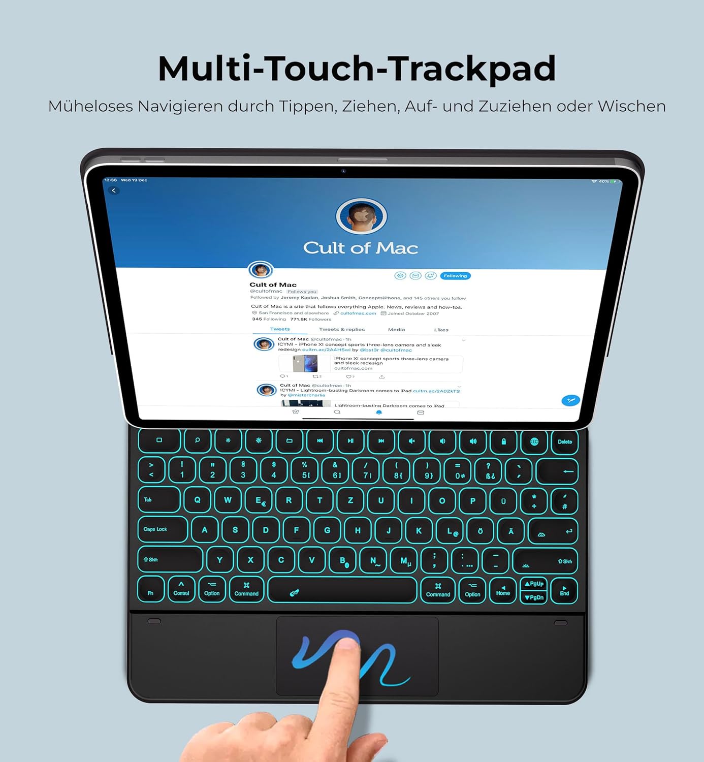 Dracool keyboard case with iPad Pro 12.9 inch showing adjustable viewвуглы да 135 градусаў