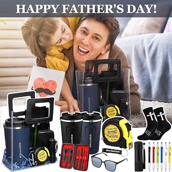 48 Pcs Father's Day Christian Gift Set for Men Bulk, 12 oz Travel Coffee Mug, Multi Tool Pen, Christian Socks, Mini Flashlight, Tape Measure, Nail Clippers, Sunglasses, Bottle Opener, Gift Bag for Dad