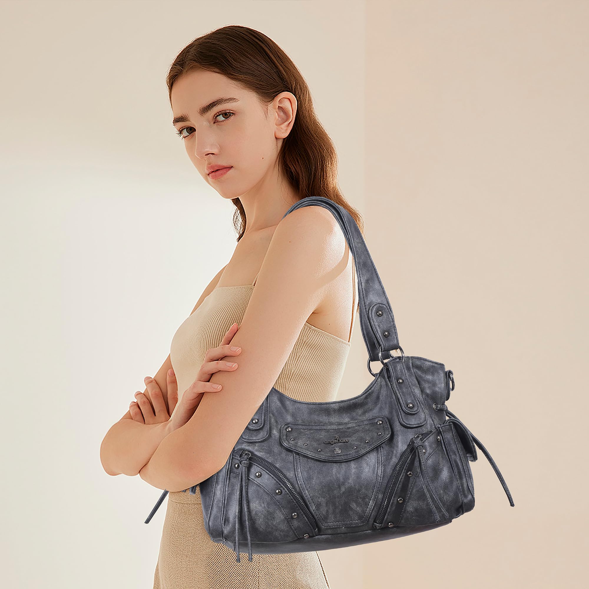 Angel Kiss Hobo Bag for Women Retro Leather Purses and Handbags Roomy Soft Ladies Satchel Bags with Crossbody Strap, Black Medium Size