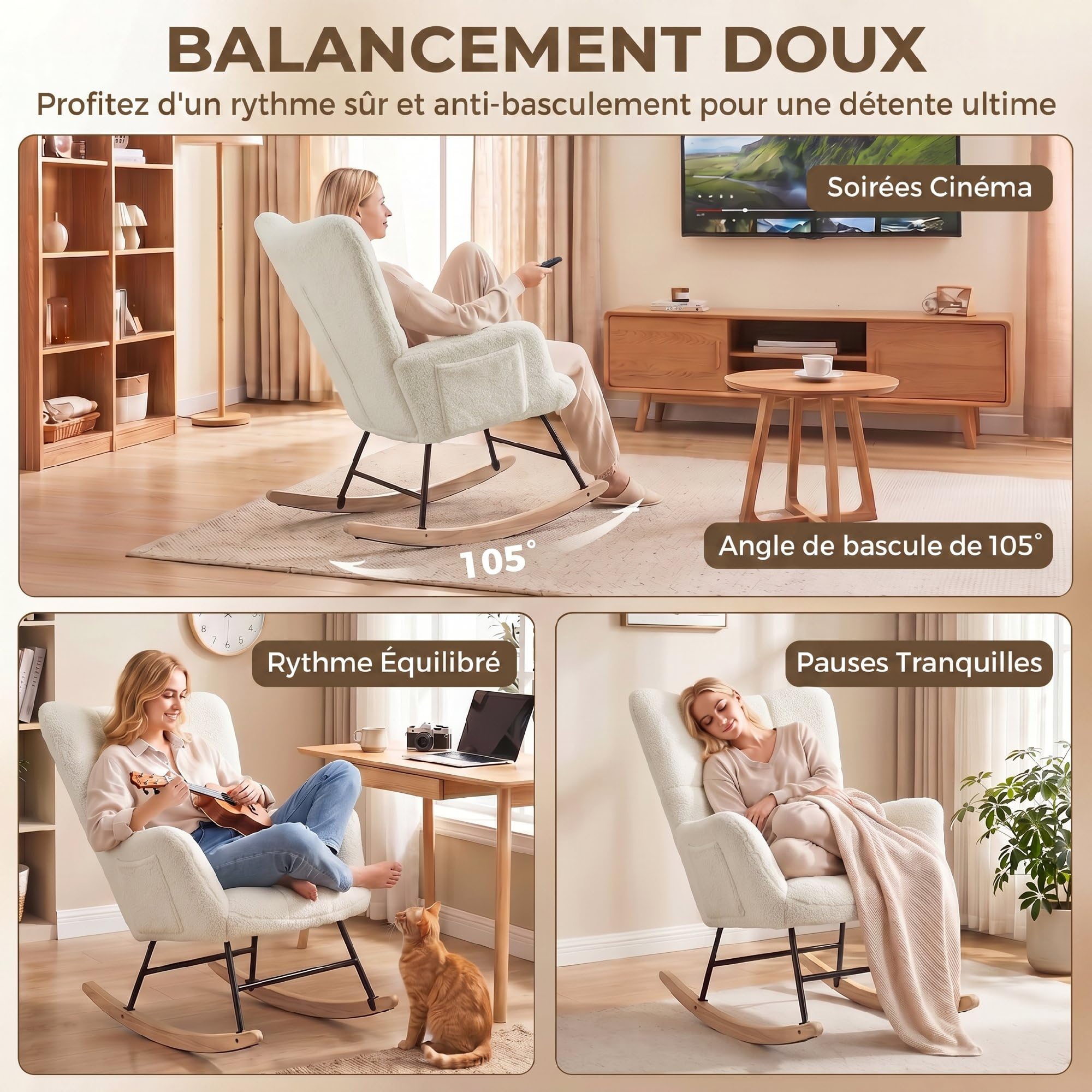 HOMCOM Fauteuil à Bascule, Assise Rembourrée, Poches Latérales, Crème