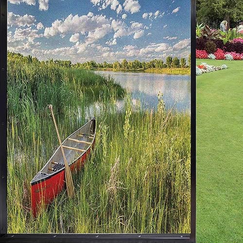 Película de adherencia estática para ventana, diseño de lago, pintoresco de una canoa con paleta de madera en hierba cerca del agua, vegetación,