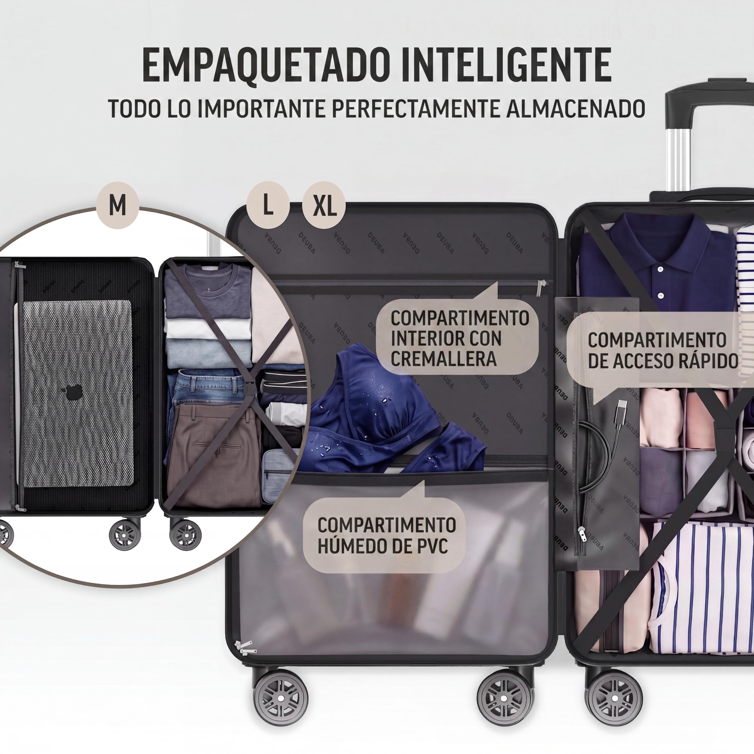 DEUBA® Juego de Maletas de Viaje Rígidas ABS 3 Piezas Asa Telescópica Correas Compartimientos Resistente Trolley Ruedas 360° Cerradura Combinación Apilables Lila Pastel