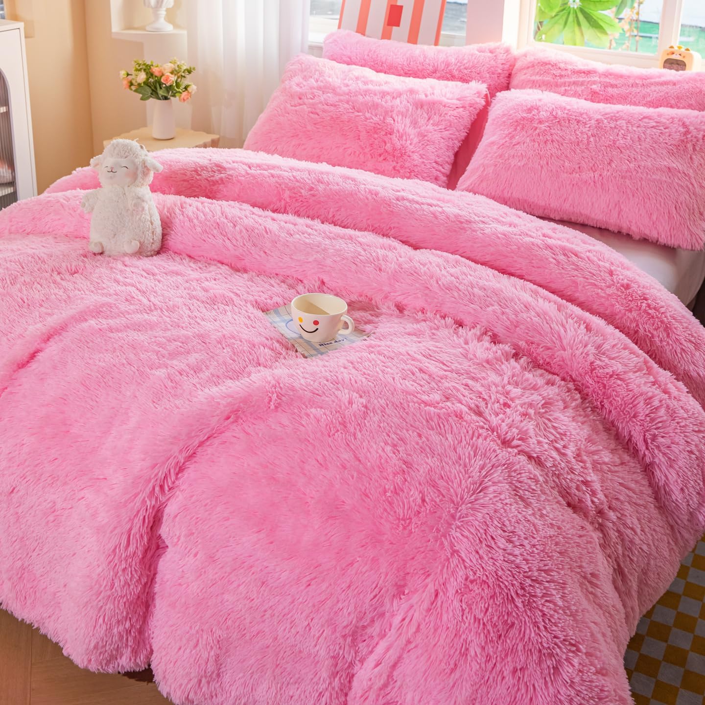 chovy Faux Fur Plush Pink Comforter Sets Full/Queen - Ultra Soft Shaggy Flannel Velvet Fluffy Fuzzy 3PC Bedding Sets （Comforter x 1 Pillowcases x 2）