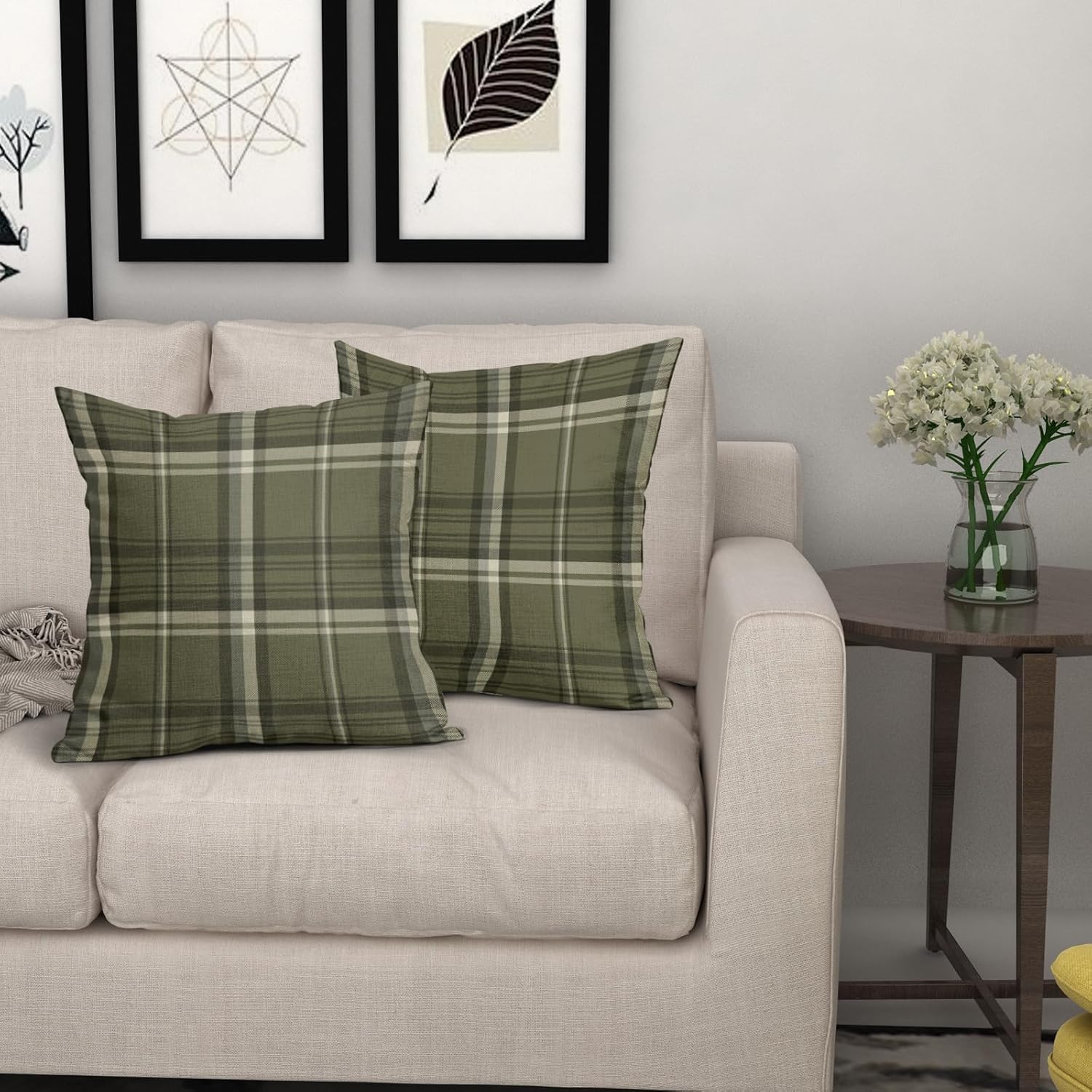 Sweetshow Olive Green Spring Plaid Pillow Covers 24x24 Set of 2 Buffalo Tartan Print Seasonal Decorative Throw Pillows Outdoor Pillowcase Square Linen Farmhouse Cushion Case Decor for Couch Sofa Bed