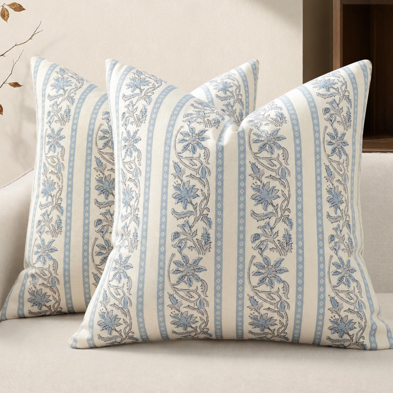 YCOLL Vintage Botanical Vine Cushion Covers 45x45 cm Set of 2 Floral Country Farmhouse Decorative Throw Pillow Covers Sofa Scatter Cushions for Living Room Bedroom Home Decor Light Blue