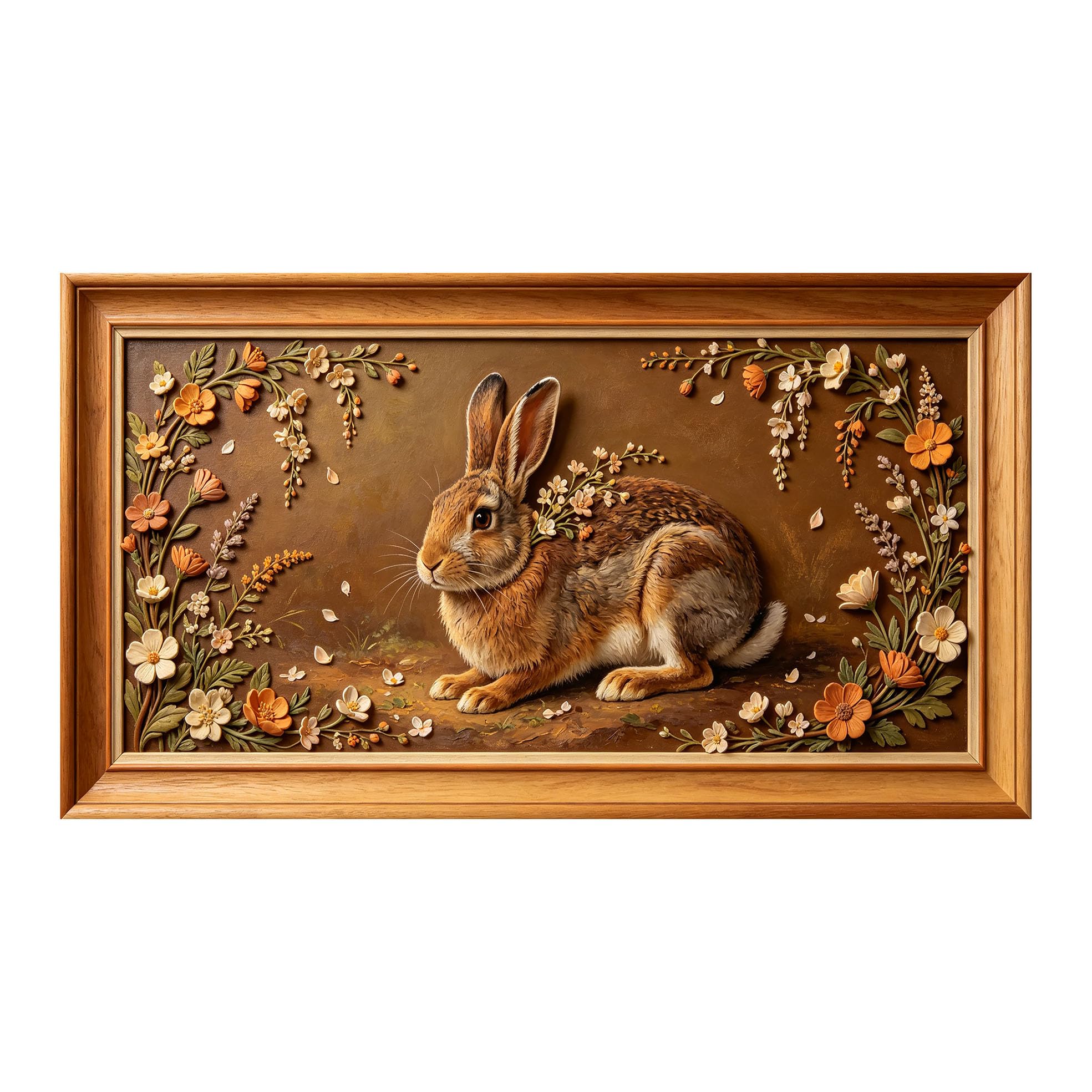 Yzpallescene 3D 3D Framed Wall Art 50cm×90cm Rustic Rabbit Floral Botanical Relief Large Size SelfAdhesive Removable Wall Decor Prints Artwork for Living Room Bedroom Office