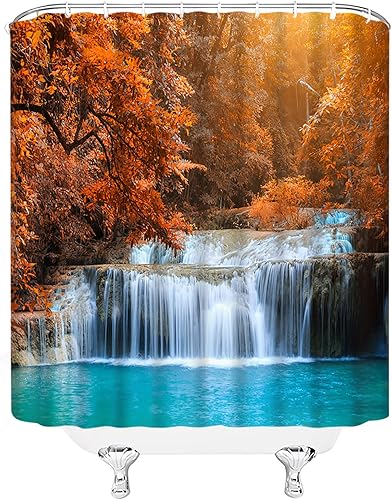 Miniatura 3 de Cortina de ducha de cascada de otoño, bosque, naturaleza, paisaje, río, parque, en la temporada de otoño, corriente en rocas, paisaje, tela, cortina