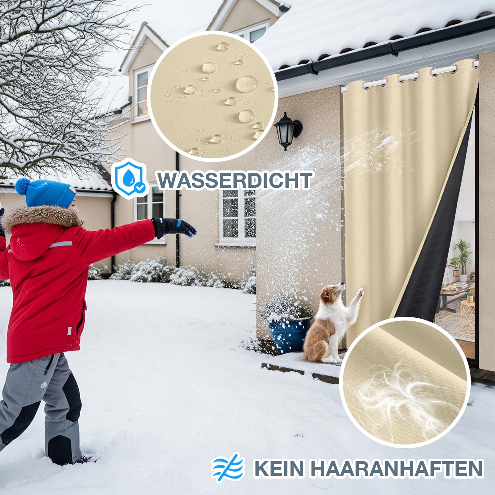 2er Set Dicke Thermovorhang Kälteschutz Outdoor Vorhang Wetterfest mit ösen, Thermo Vorhang Gegen Kälte Outdoorvorhänge, Wärmeschutzvorhang für Terrasse Garten Balkon(H213 x B132 cm, Beige)