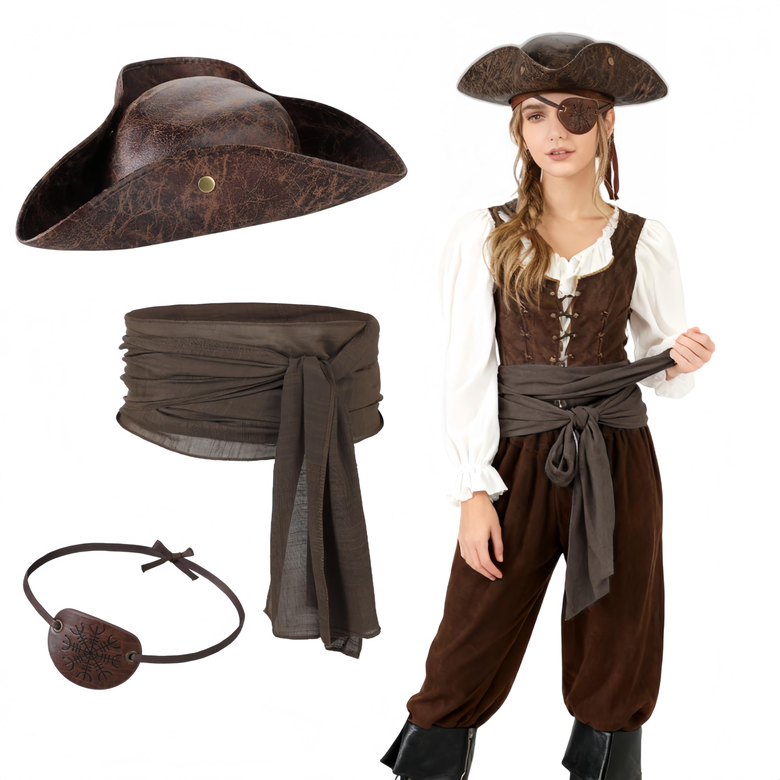 SIQITECHUK 3Pcs Adult Pirate Costume Accessories with Pirate Hat Eye Patch Sash Belt Medieval Captain Tricorn Cap Renaissance Outfit for Halloween Cosplay Fancy Dress Party (Brown)