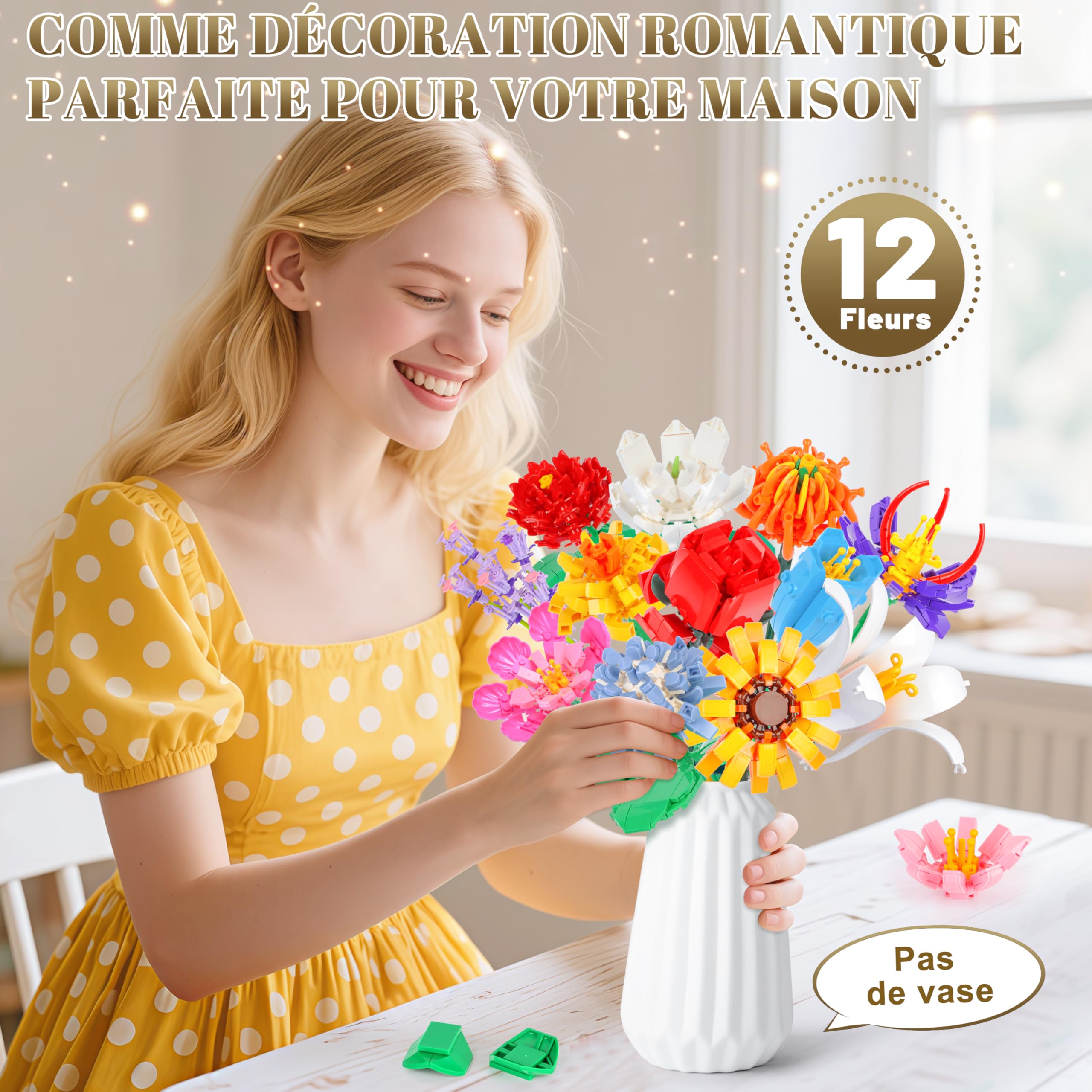 Kit de Construction Bouquet de Fleurs Charmofun, 1064PCS LED Blocs de Fleurs, 12 Types de Bouquets, Cadeau Fête des Mères Anniversaire Noël