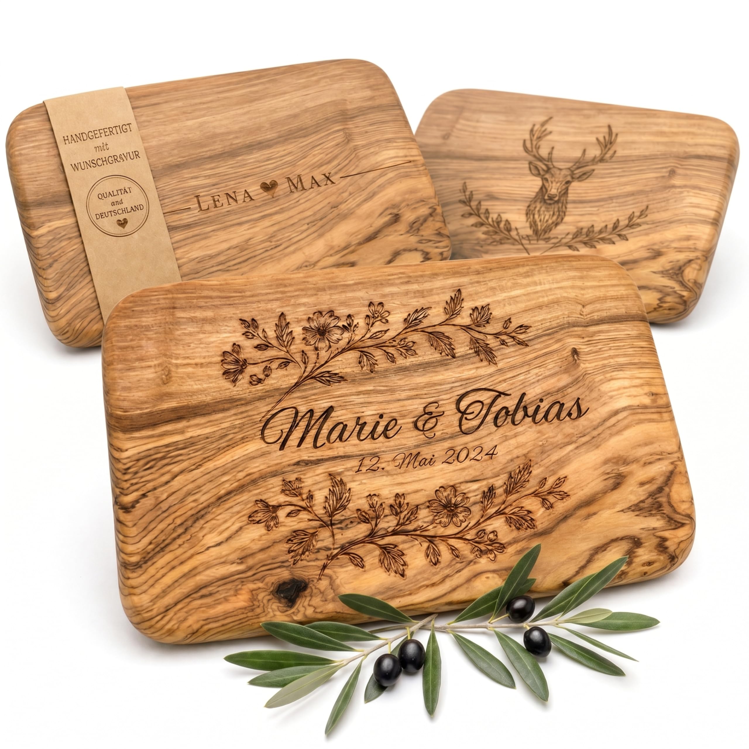 Frühstücksbrettchen personalisiert, Olivenholz - Hochwertiges Vesperbrett mit Gravur als individuelles Geschenk (Floral)