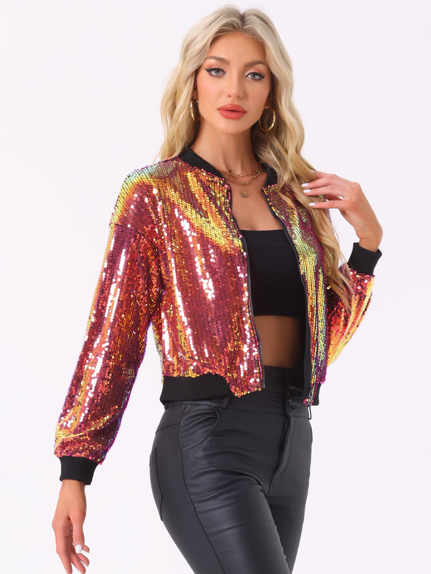Allegra K Damen Glitzer Jacke Bomberjacke Pailletten Bomber Jacke Langarm Party Club Metallic Sequin Jacken
