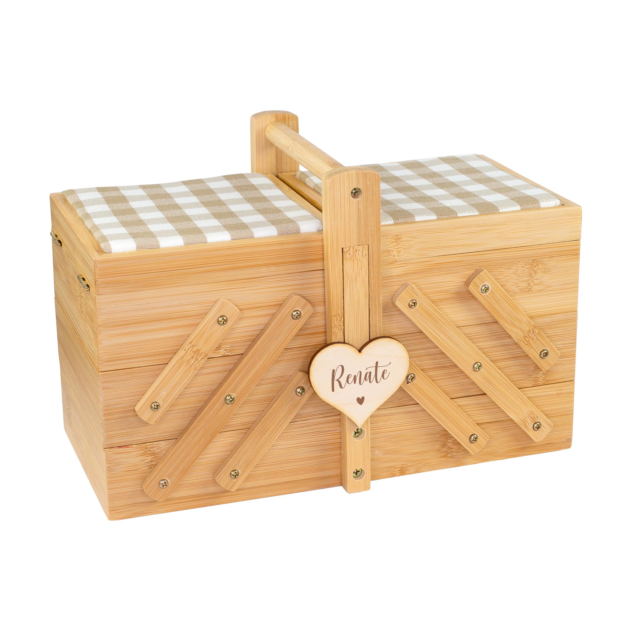 Herz & Heim® Nähkästchen personalisiert mit Gravur – Nähkasten aus Bambus Holz mit Nadelkissen & 5 Fächern – Frauen Geschenk für Oma, Mama, Freundin – Motivauswahl (Herzchen)
