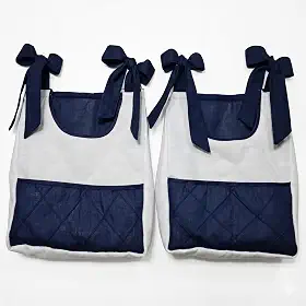 Porta Fraldas para Berço Azul e Branco 100% Algodão 36x30x10 cm 2 Peças com Bolsos Acolchoados