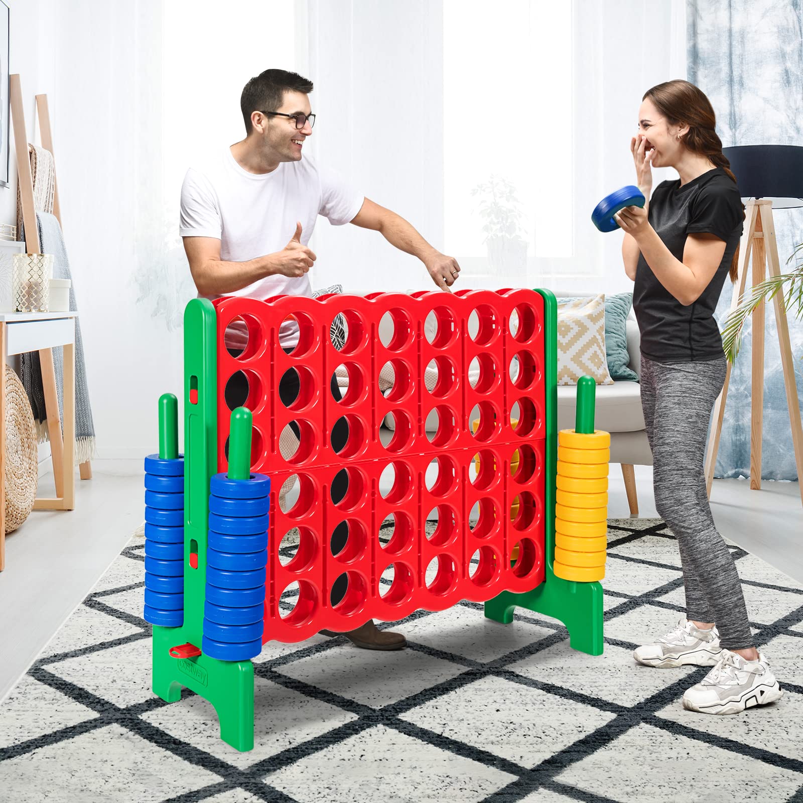 COSTWAY Gra 4 w rzędzie, gra logiczna Cztery w rzędzie, gra strategiczna dla dzieci i dorosłych, 104 cm wysokości, 42 pierścienie, dźwignia szybkiego zwalniania, wersja XXL (zielony)