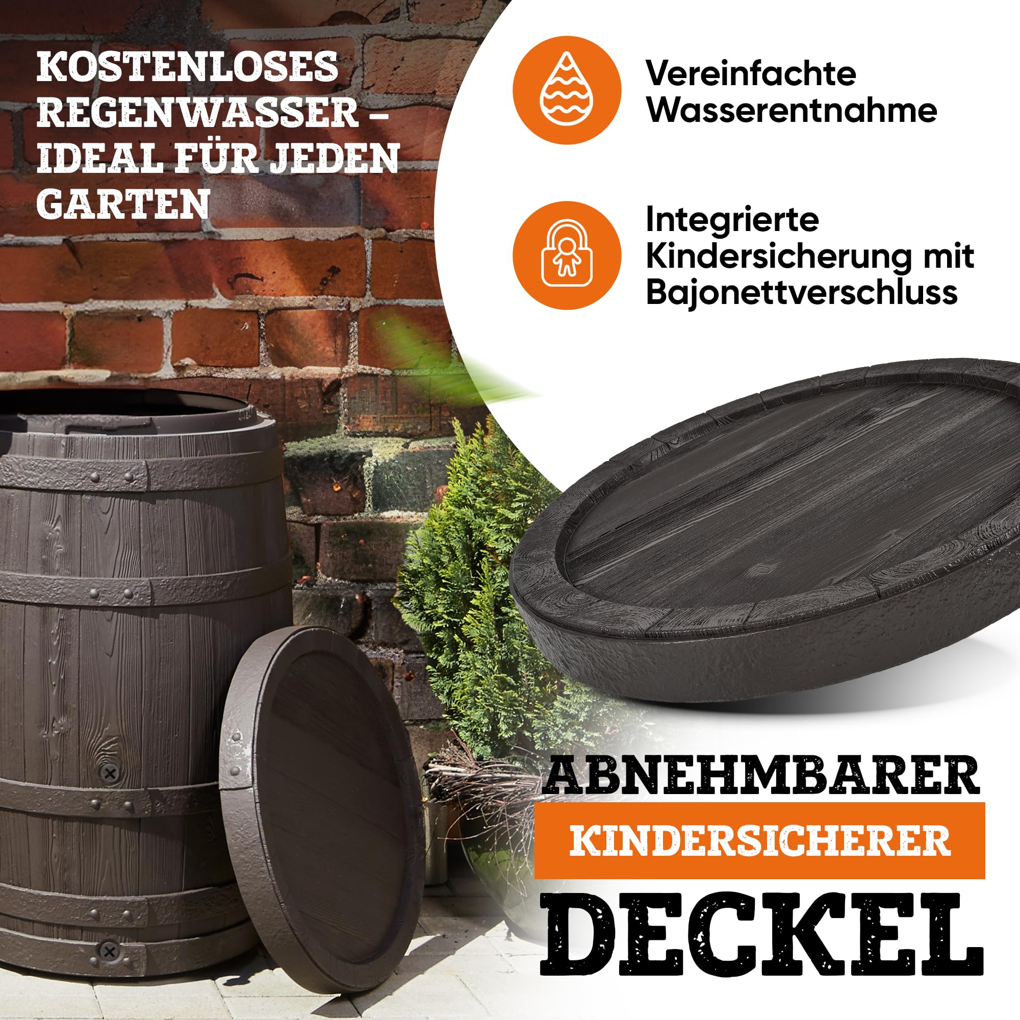 GARANTIA BARRICA Regentonne 420 Liter braun rustikale Holzfassoptik | mit abnehmbarem Deckel UV-beständiger Recycling-Kunststoff für den Garten integrierte Gewindeanschlüsse zur Wasserentnahme