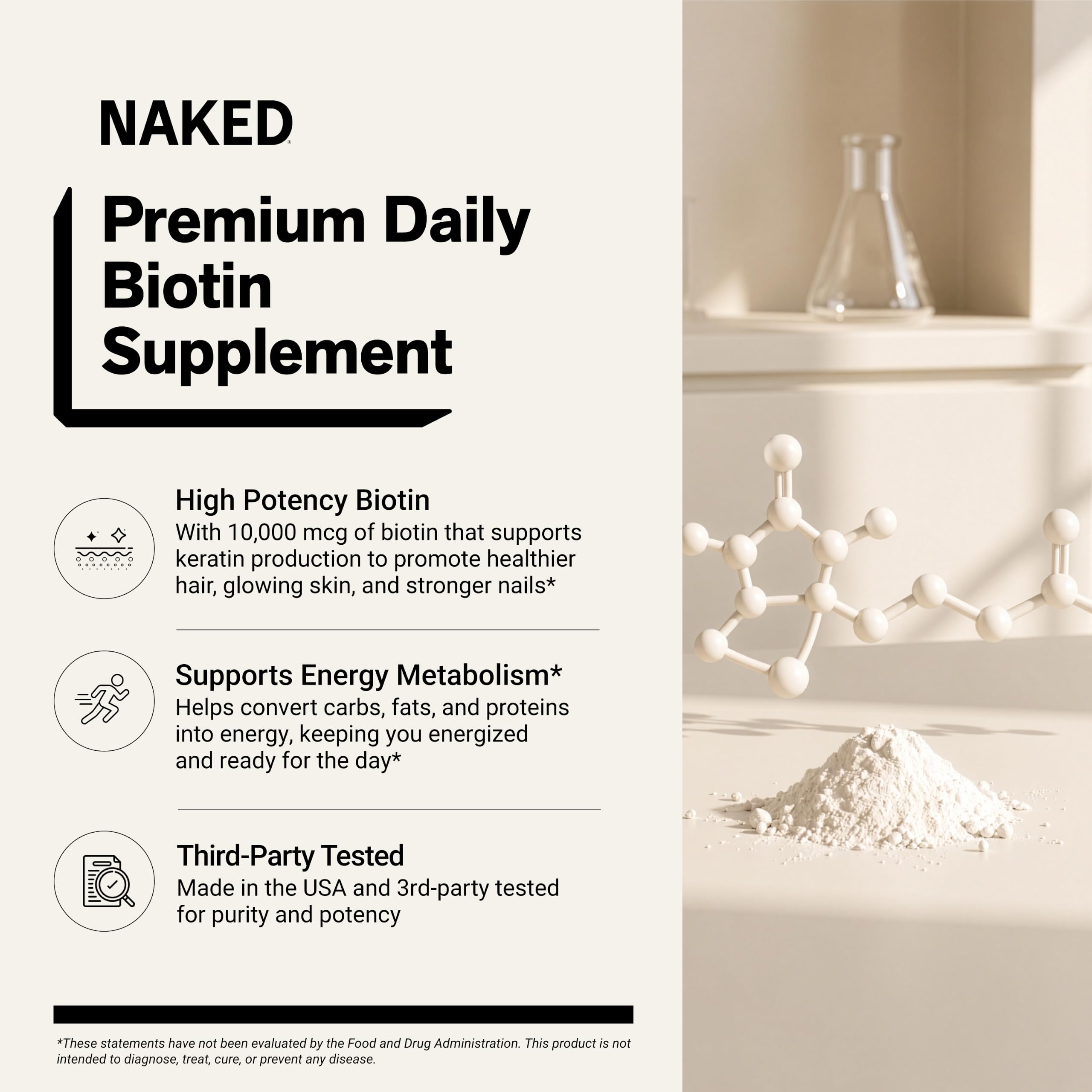 NAKED Biotin 10,000mcg - Max Strength Vitamin B7 Supplement for Healthy Hair, Skin & Nails Support - Non-GMO, Gluten-Free, Vegan - Supports Keratin Production - 120 Capsules — Amazon image 2