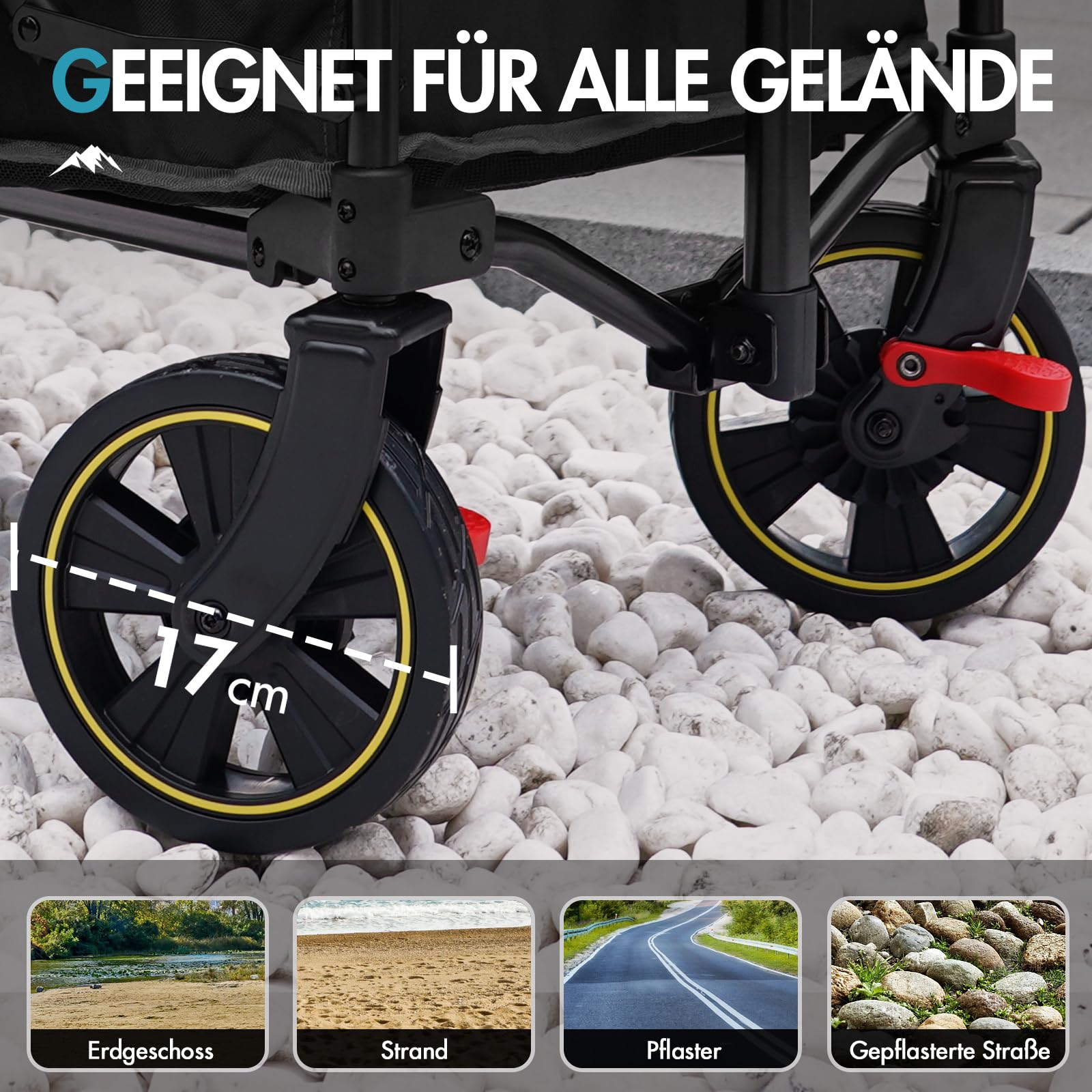 Portal Bollerwagen faltbar XXL Große Ladefläche 120kg belastbar Handwagen mit Getränkehalter Seitentasche Transportwagen Leiterwagen klappbar Strandwagen Faltwagen für Garten Camping Festival