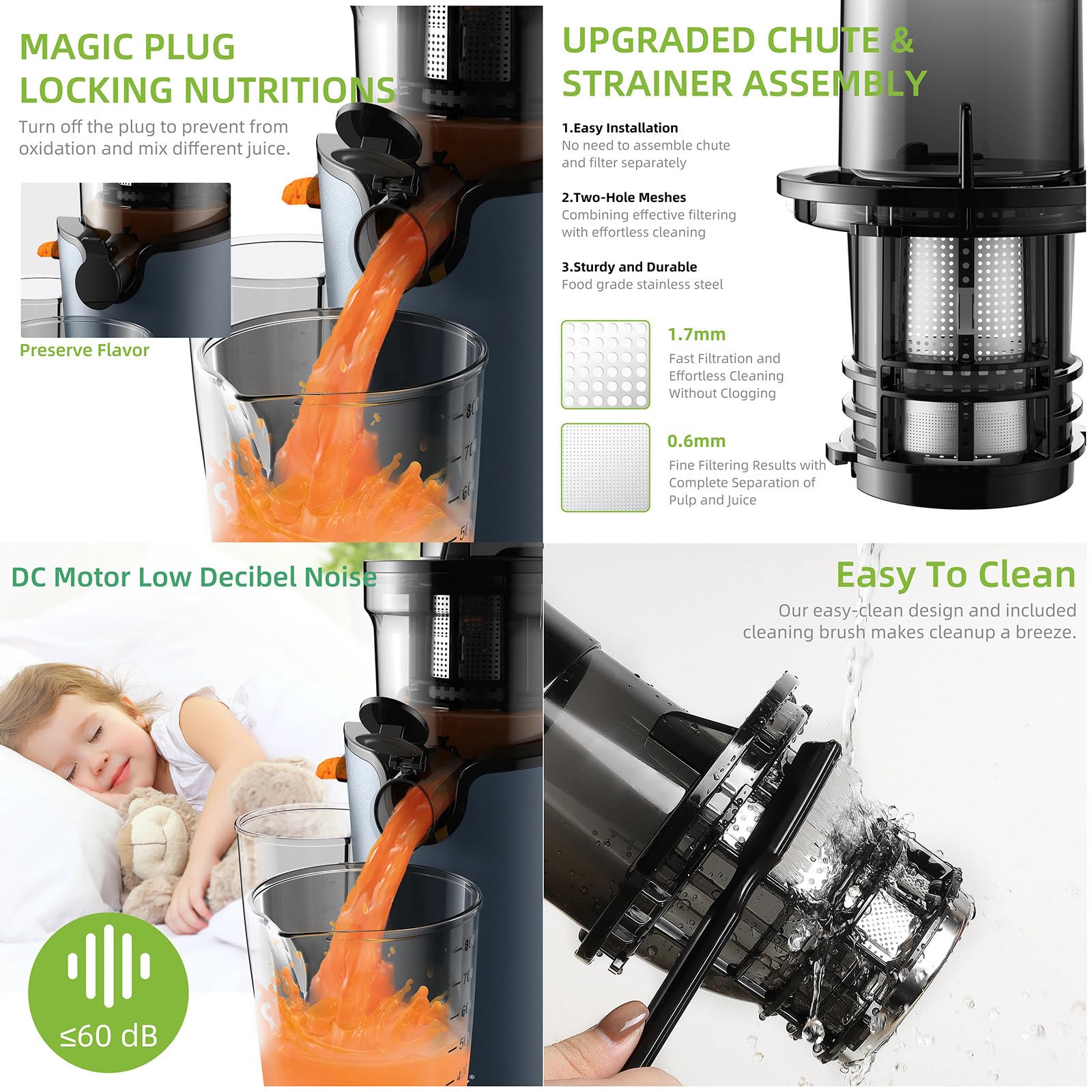 Exprimidor De Prensa En FríO Con Canal De AlimentacióN De 78 Mm, Extractor De Jugo De MasticacióN Lenta De 200 W, 40-65 Rpm, 96% De Alto Rendimiento De Jugo, Motor Silencioso, Sin Bpa