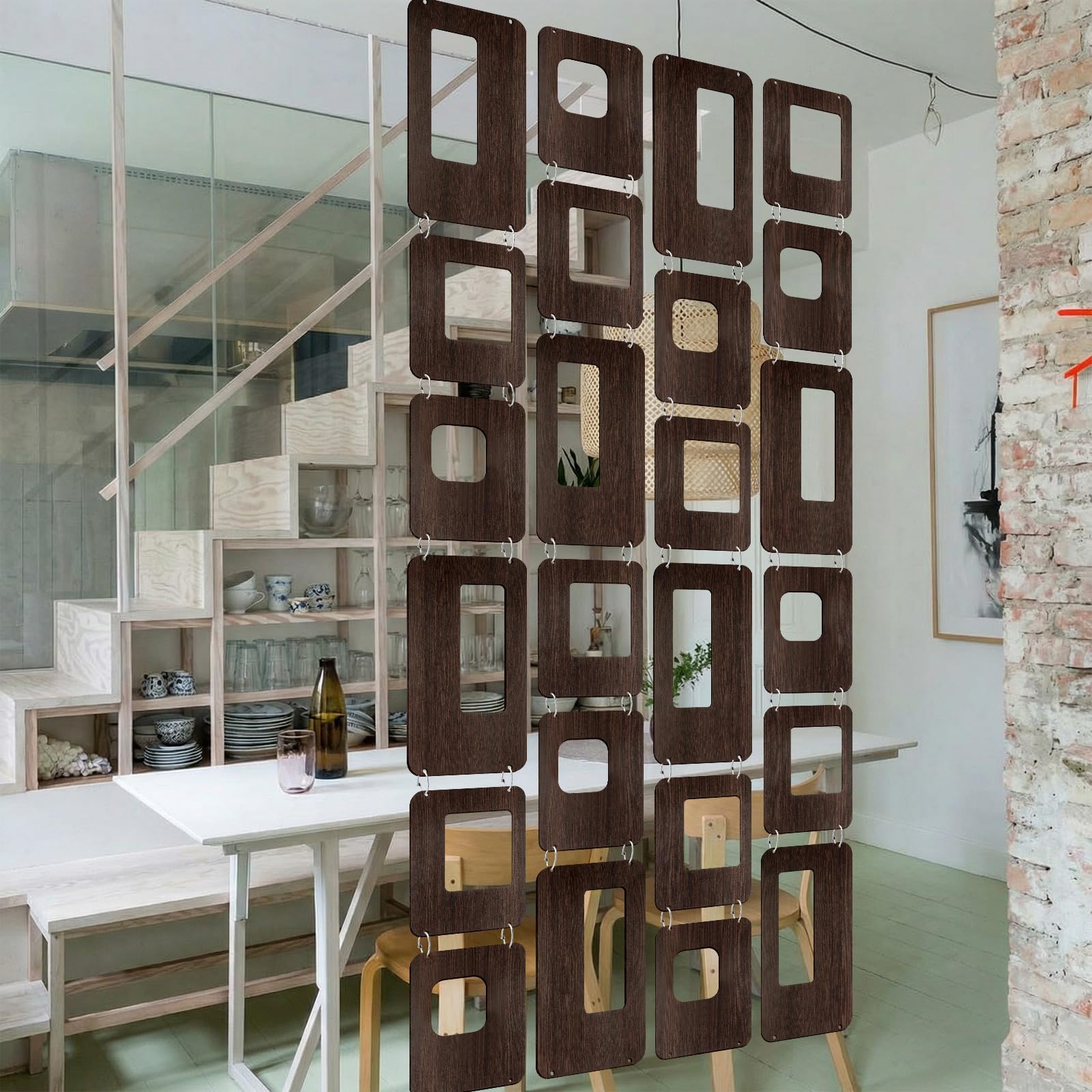 Thyle 4 Strings Mid Century Modern Room Decor Divider Brown Hanging Decorative Screen Century Elegance Decor Abstract Wall Sculpture Geometric Panels for Interior Living Room Home Bedroom