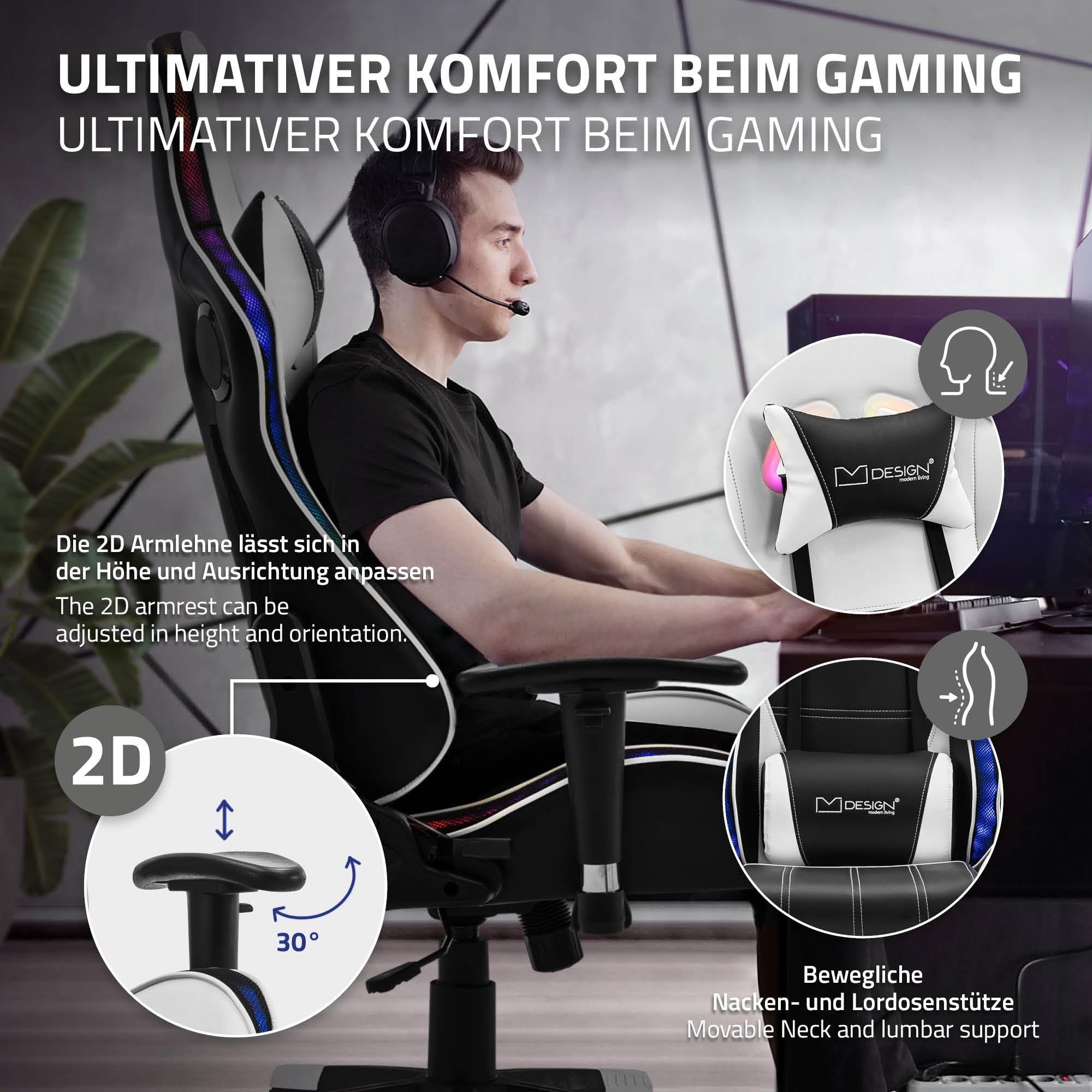 ML-Design Gaming Stoel met RGB LED-verlichting en Bluetooth Speakers, Wit, Kunstleer, Ergonomische Bureaustoel, Hoge Rugleuning, Hoofdsteun, Lendenkussen, Draaibaar Verstelbaar, Racing Gamer Chair