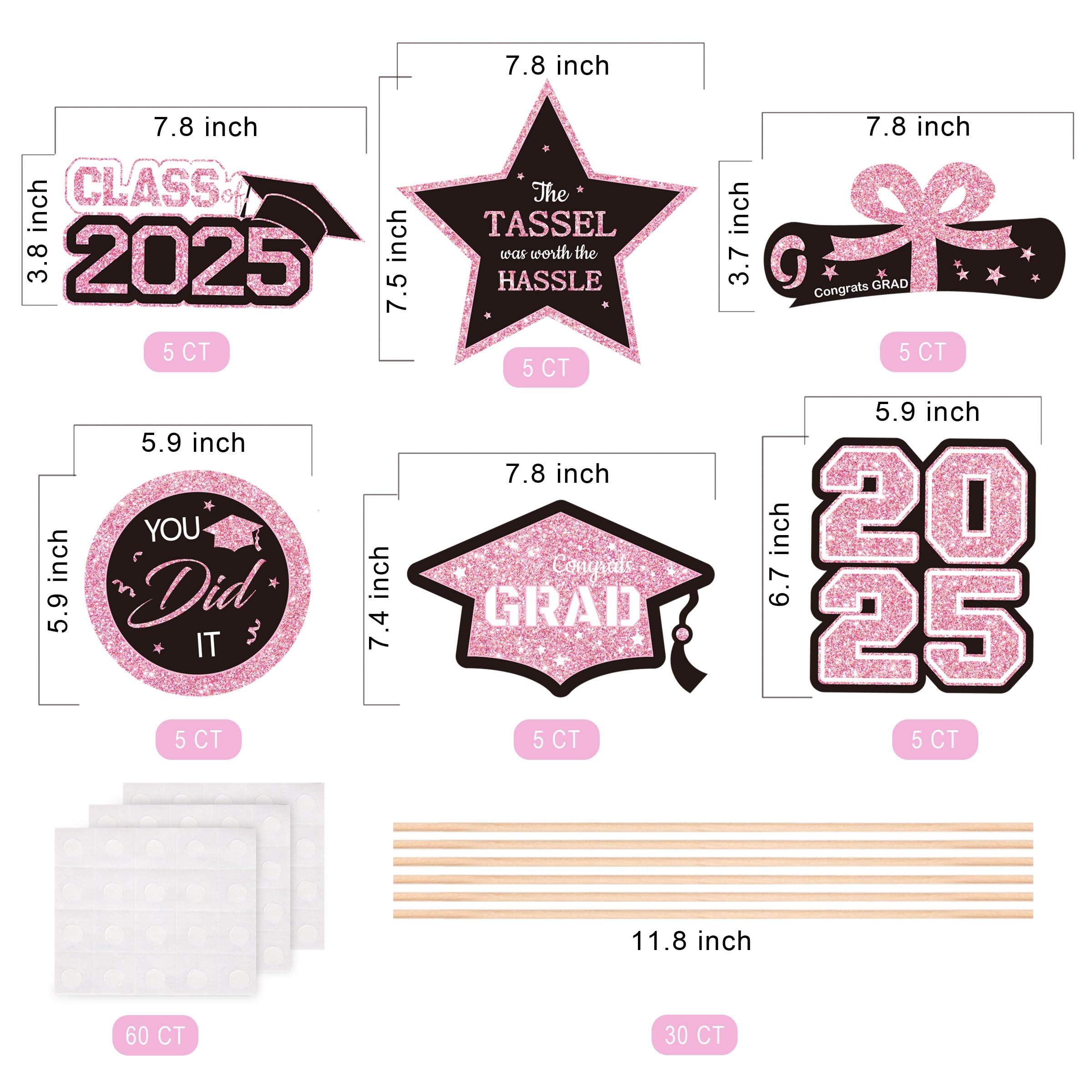 Gexolenu 30 PCS Glitter Black and Pink Double-Sided Graduation Centerpieces for Tables, 2025 Graduation Table Toppers Party Centerpiece Sticks Party Supplies, Set of 5