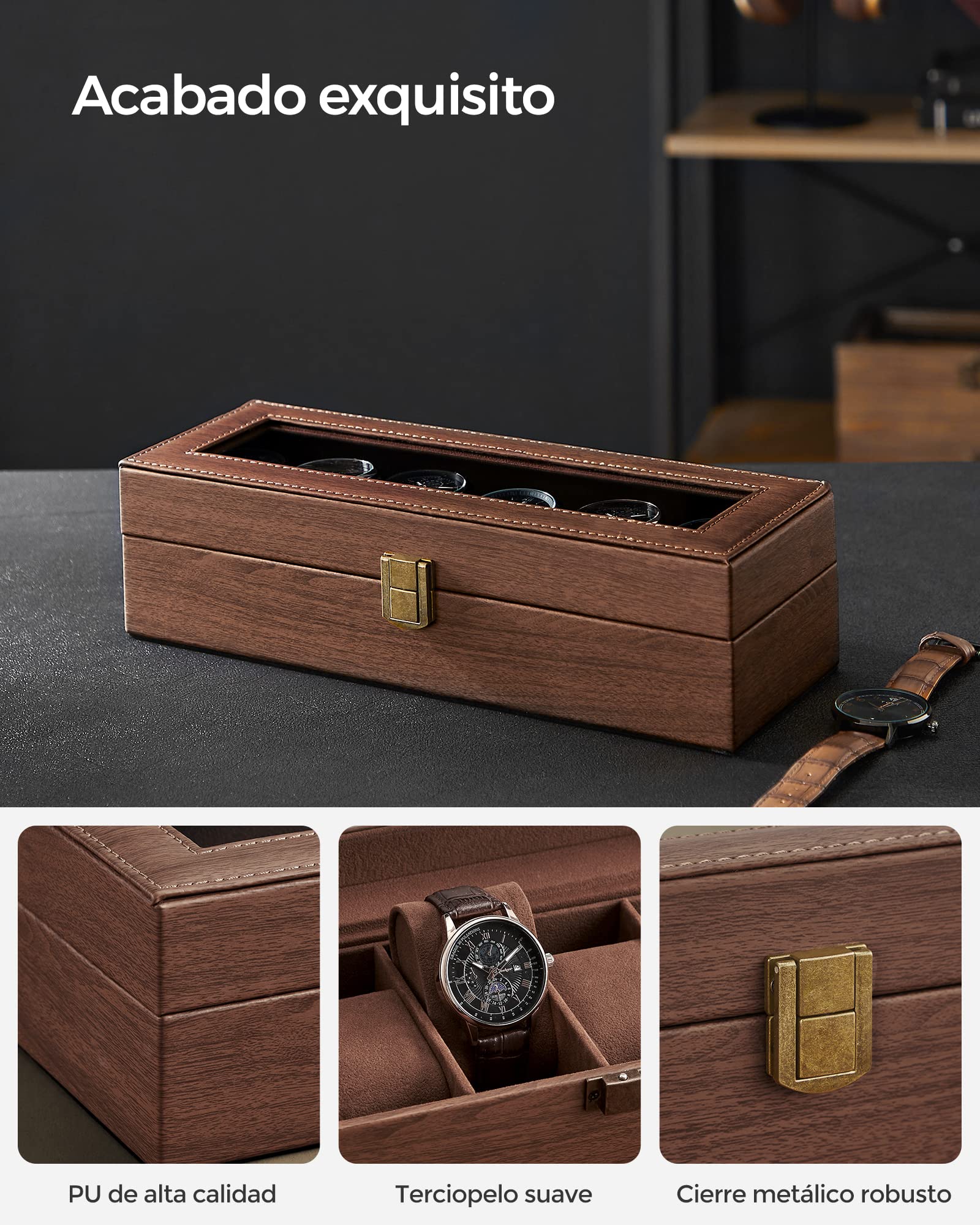 SONGMICS Caja de Relojes 6 Compartimentos, Estuche con Tapa de Cristal, Cuero Sintético Marrón JWB006K01
