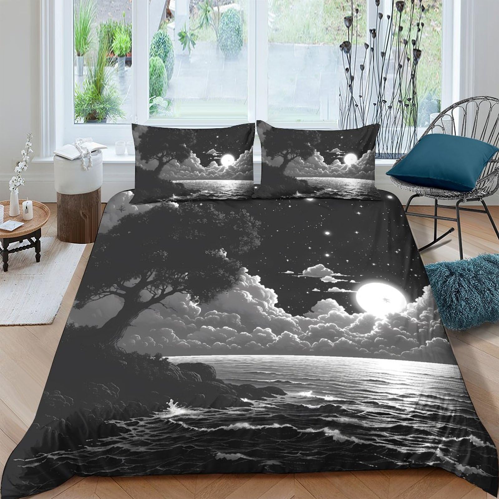 Ctjqhvkz Style-6 3D Printed Moonlit Ocean Fitted Sheet Microfiber Soft Waterproof Night Sky Bed Cover For Bedroom Guest Room Decor Single（135X200cm）