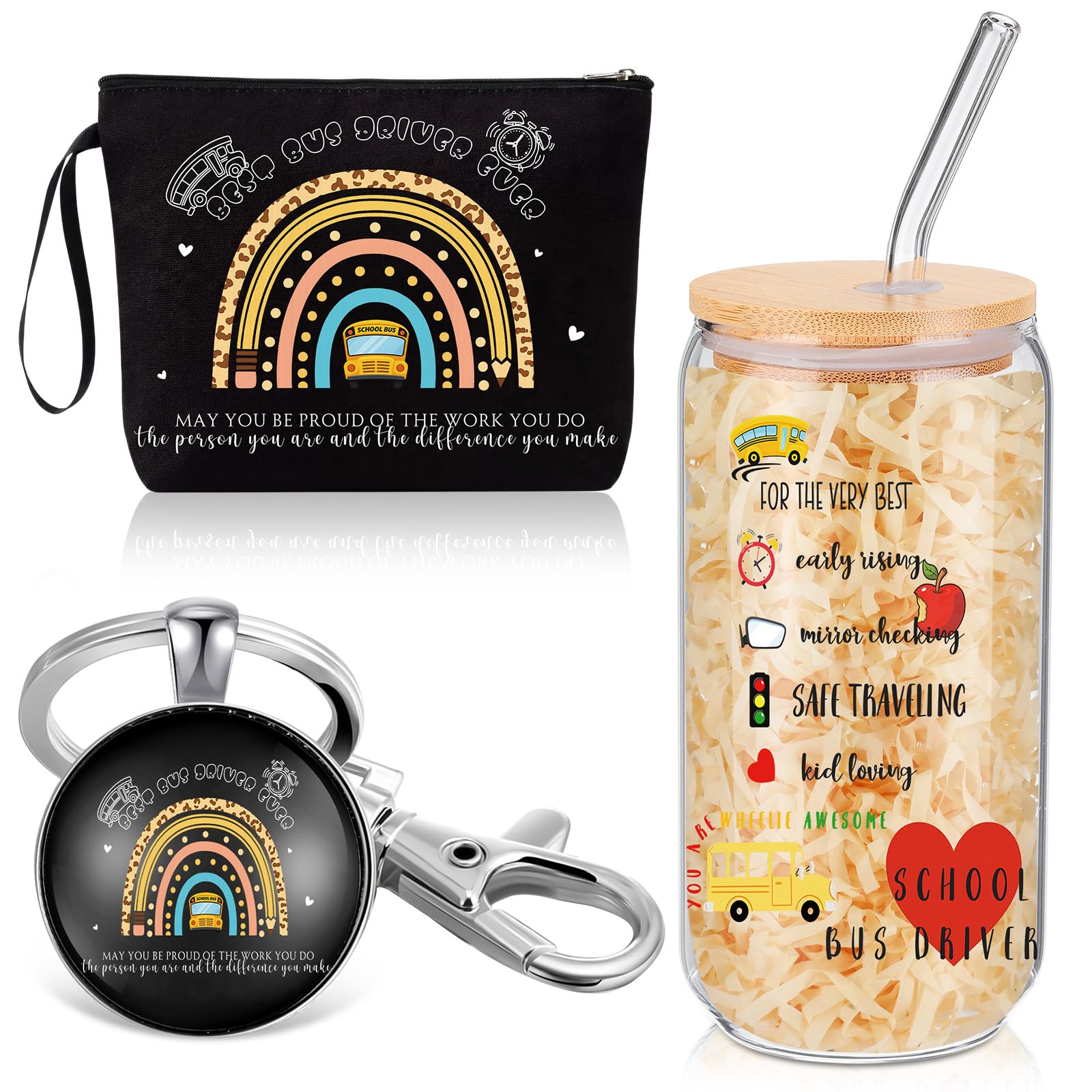 Kacctyen Bus Driver Appreciation Gifts for Women, School Bus Driver Gift Set, 17 oz Glass Cup with Lid and Straw, Makeup Bag and Keychain Thank You Gift for Drivers