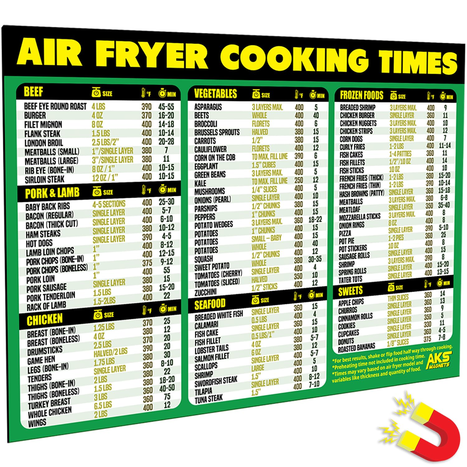 AKS Magnets Air Fryer Cooking Times ic Cheat Sheet - Extra Large Easy to Read 11β x 8.5β Airfryer Kitchen Accessory - Quick Reference Guide for Over 90 Popular Airfry Foods - Cook Healthy Meals Fast