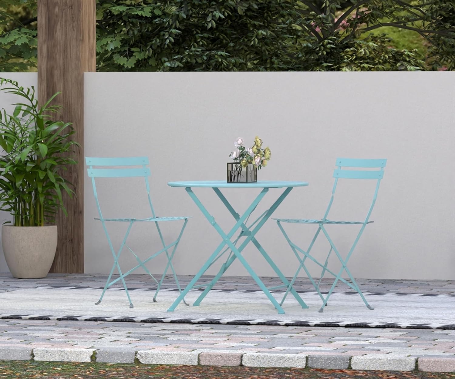 Carolina Chair & Table Round Folding Outdoor Bistro Table with 2" Umbrella Hole - Space Saving Fold Flat Design, Powder Coated Steel Patio Dining Table - Weather Resistant Garden Furniture(Teal,30")