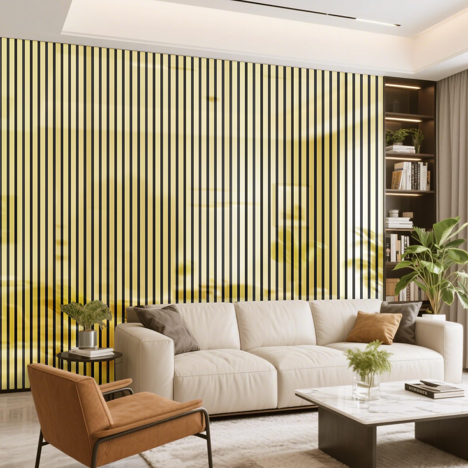 3Roll Gold Mirror Stripe Self Adhesive Wallpaper Peel and Stick Wallpaper For Living Room Bedroom 2.2mm Thick Thermal Waterproof Removable Sticky Back Plastic Roll Insulating Wall Paper Roll 40x300cm
