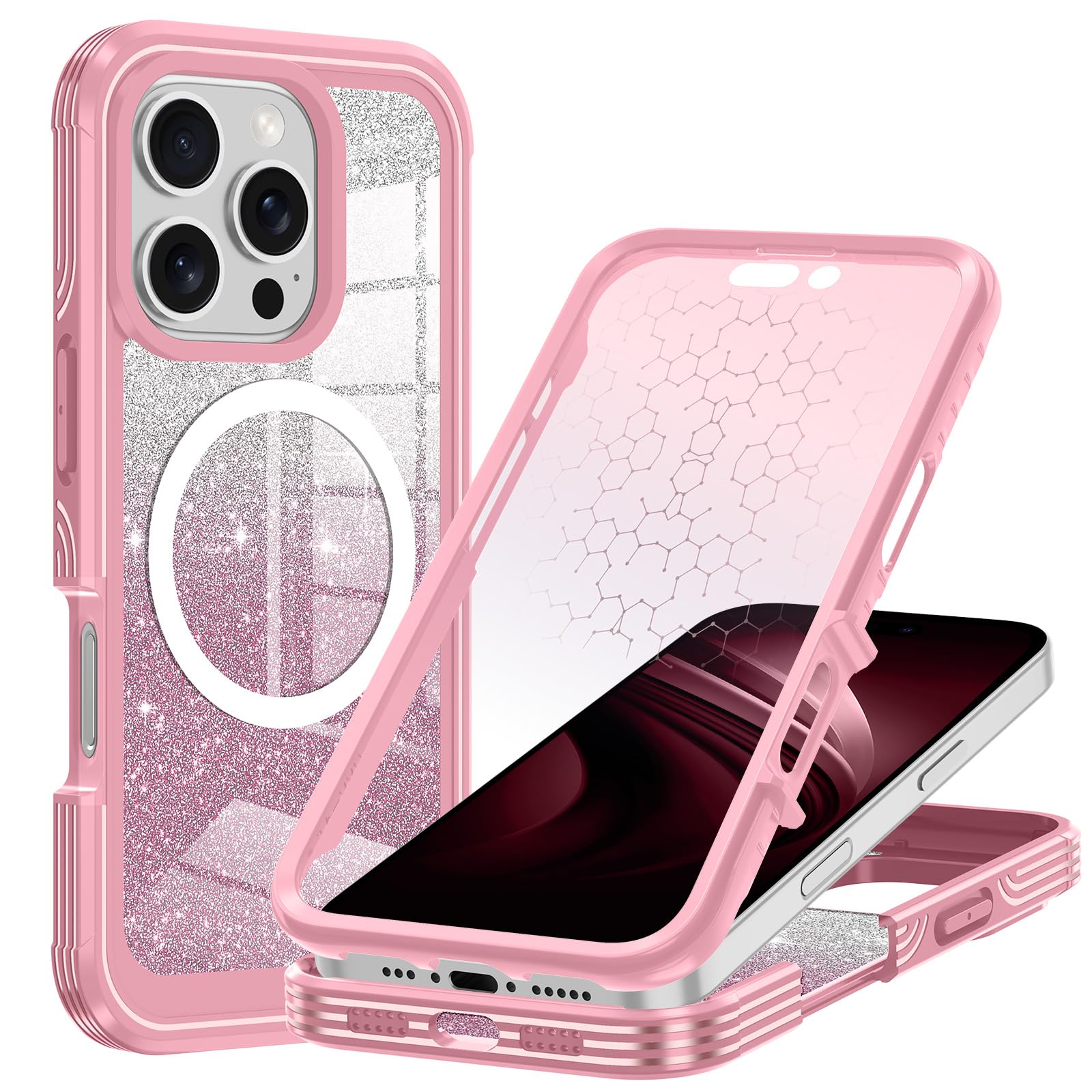 Photo 1 of Hekodonk for iPhone 16 Pro Max Case, Compatible with Magsafe [Built-in Tempered Glass Screen Protector & Camera Lens Protection] Full Body Shockproof Protective Women Girl Bling Case,All Pink
