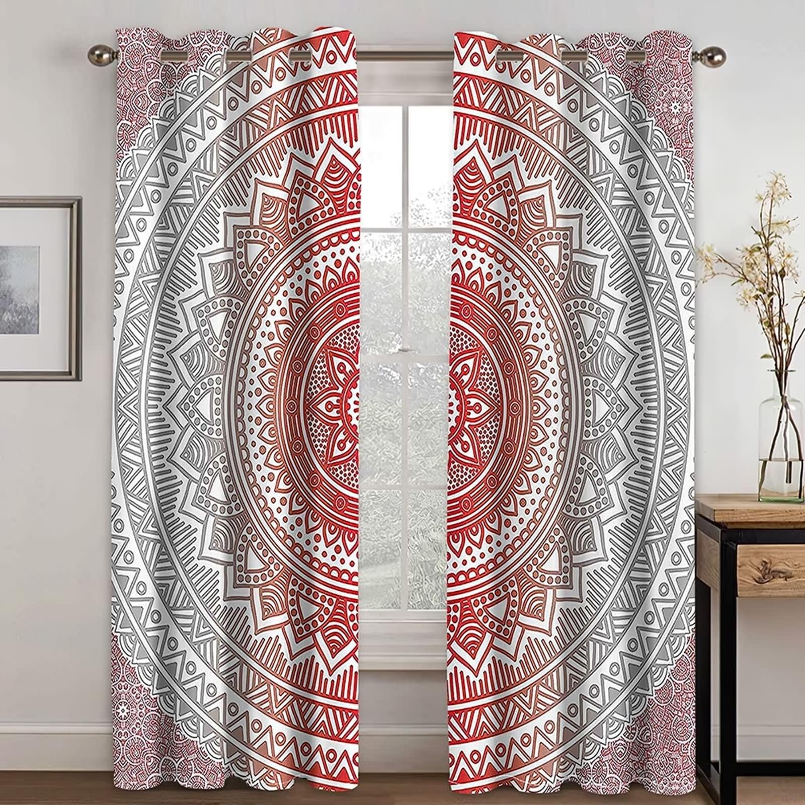 Zasłony do salonu, 2 panele, 2 x 54 x szer. x 244 cm wys., zasłony zaciemniające do sypialni okna szaro-czerwone białe mandala wzór zasłony zaciemniające z przelotkami