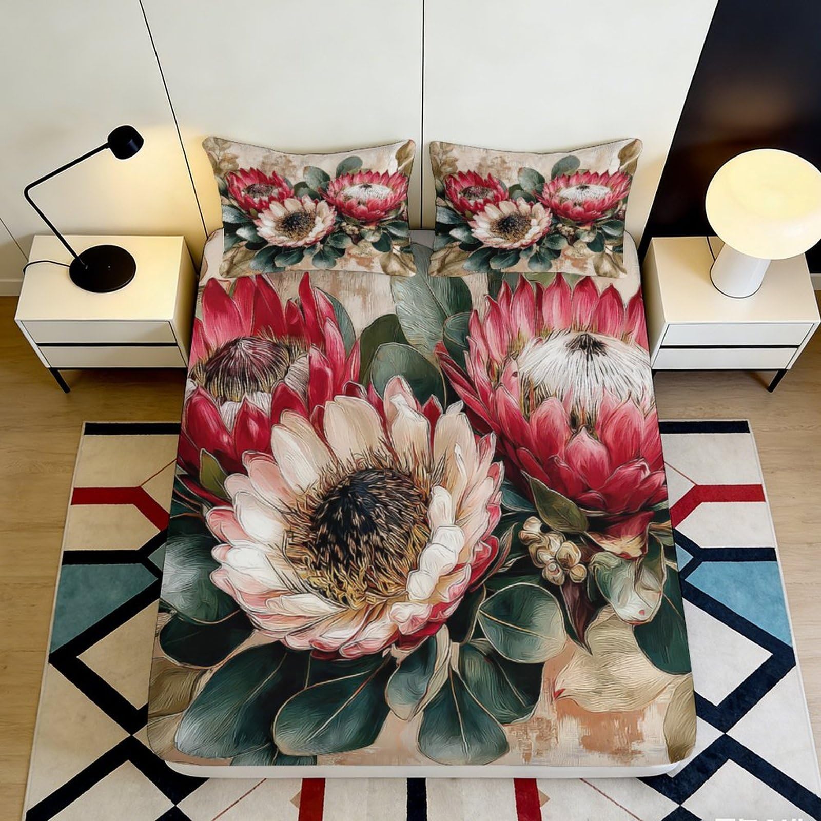 3D Printed Floral Protea Fitted Sheet Microfiber Soft Breathable Botanical Bed Cover for Bedroom Dormitory Guest Room Mattress Protection 160x200x25cm