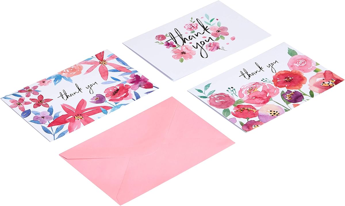Amazon Basics Thank You Cards and Envelopes, 48 Count, Floral Assorted Designs