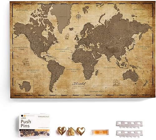 Mapa del mundo en lienzo con tablero de corcho - Letras inglesas - Decoración decorativa de pared para todas las habitaciones - Cuadros en lienzo