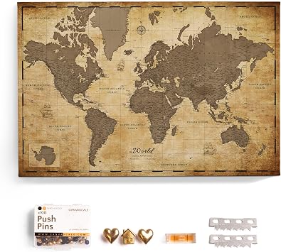 Canvas World Map with Cork Pin Board - English Lettering - Decorative Wall Decoration for All Rooms - Canvas Pictures with World Map Motif 70x50 cm, Pattern 1