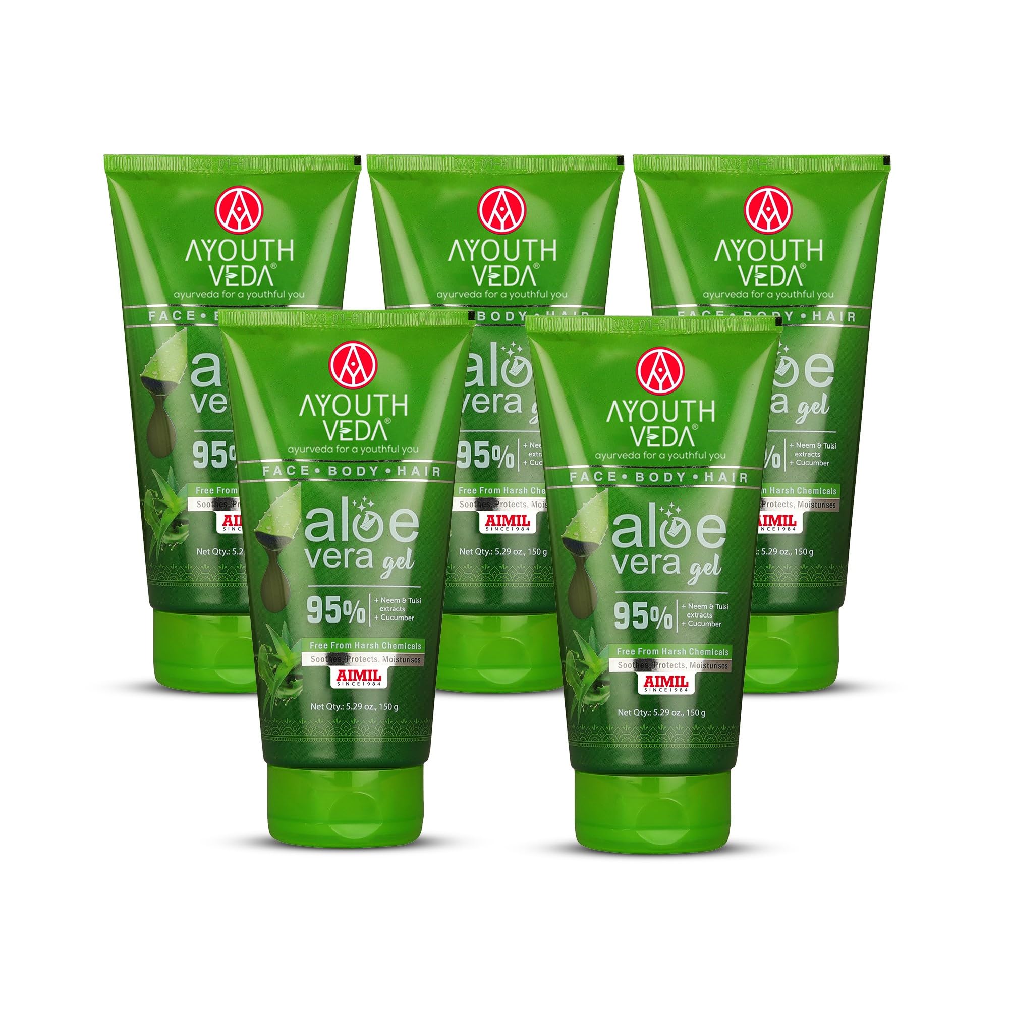 Ayouthveda Aloe vera Gel with 95% Pure Aloe, Neem, Tulsi & Cucumber for Face, Hair & Body | Deep Hydration, Soothing & Skin Barrier Support | Lightweight, Non-Sticky & Multi-Purpose Care | Suitable for All Skin Types | 150g (Pack of 5)
