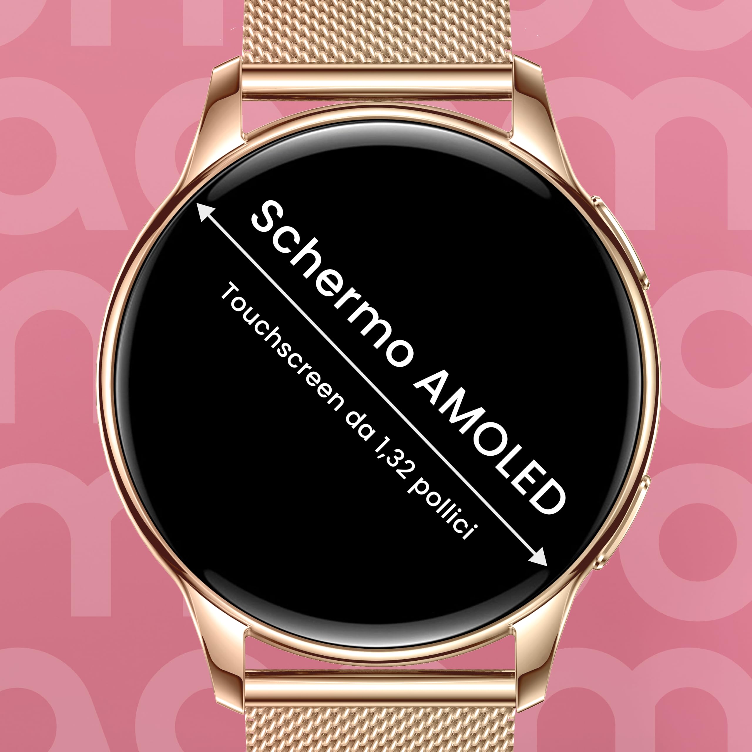 Maoo Ventura Smartwatch Donna con Chiamate, Display AMOLED 1,32”, Cardiofrequenzimetro, SpO₂, Pressione Sanguigna, 100+ Modalità Sportive, IP67, 5 Cinturini, Oro Rosa
