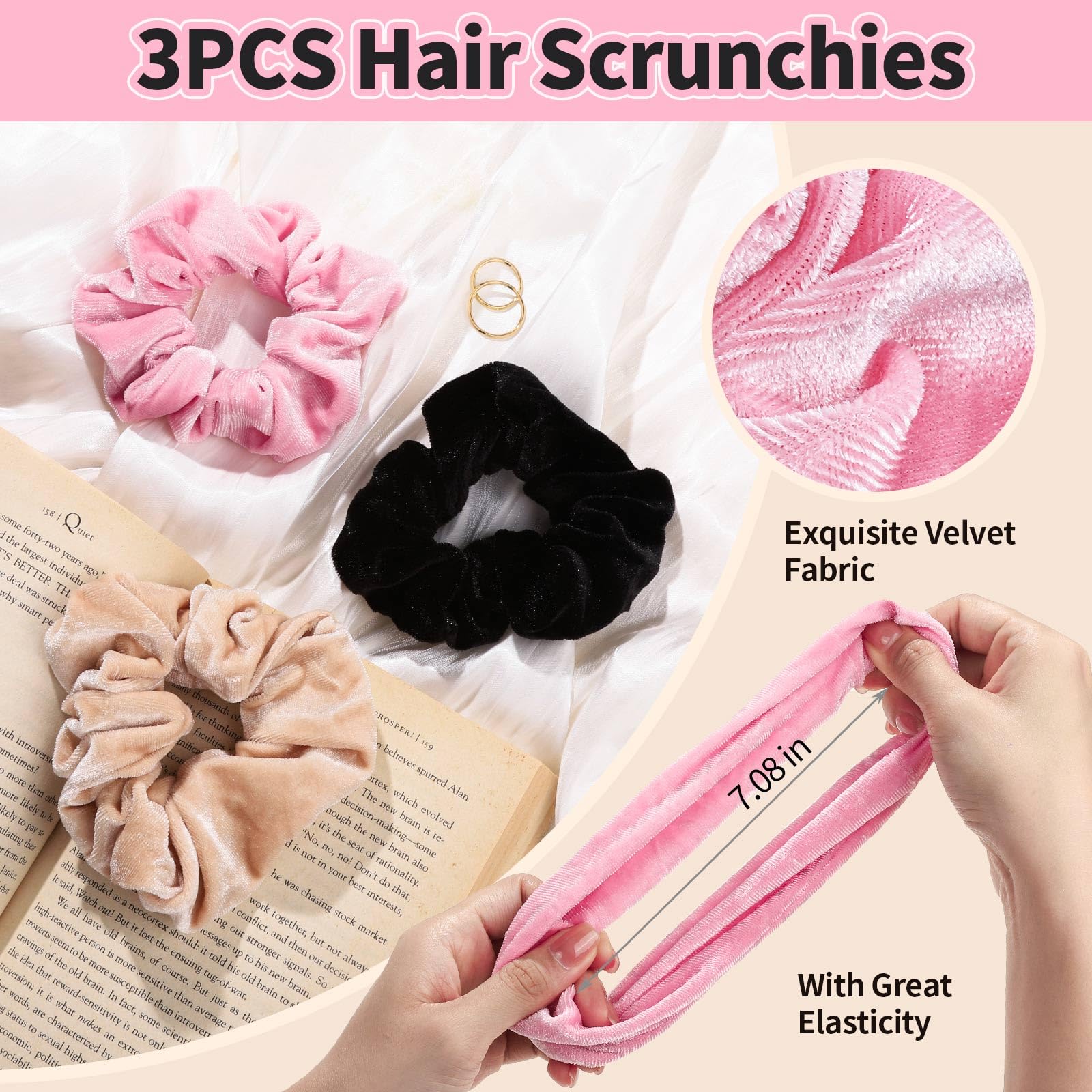 LEOBRO Stirnband zum Waschen des Gesichts, 3 Spa-Stirnbänder und 3 Haargummis, Make-up-Stirnband, Hautpflege-Stirnband für Damen und Mädchen, Gesichtswasch-Stirnband, Schwarz & Rosa & Cremeweiß
