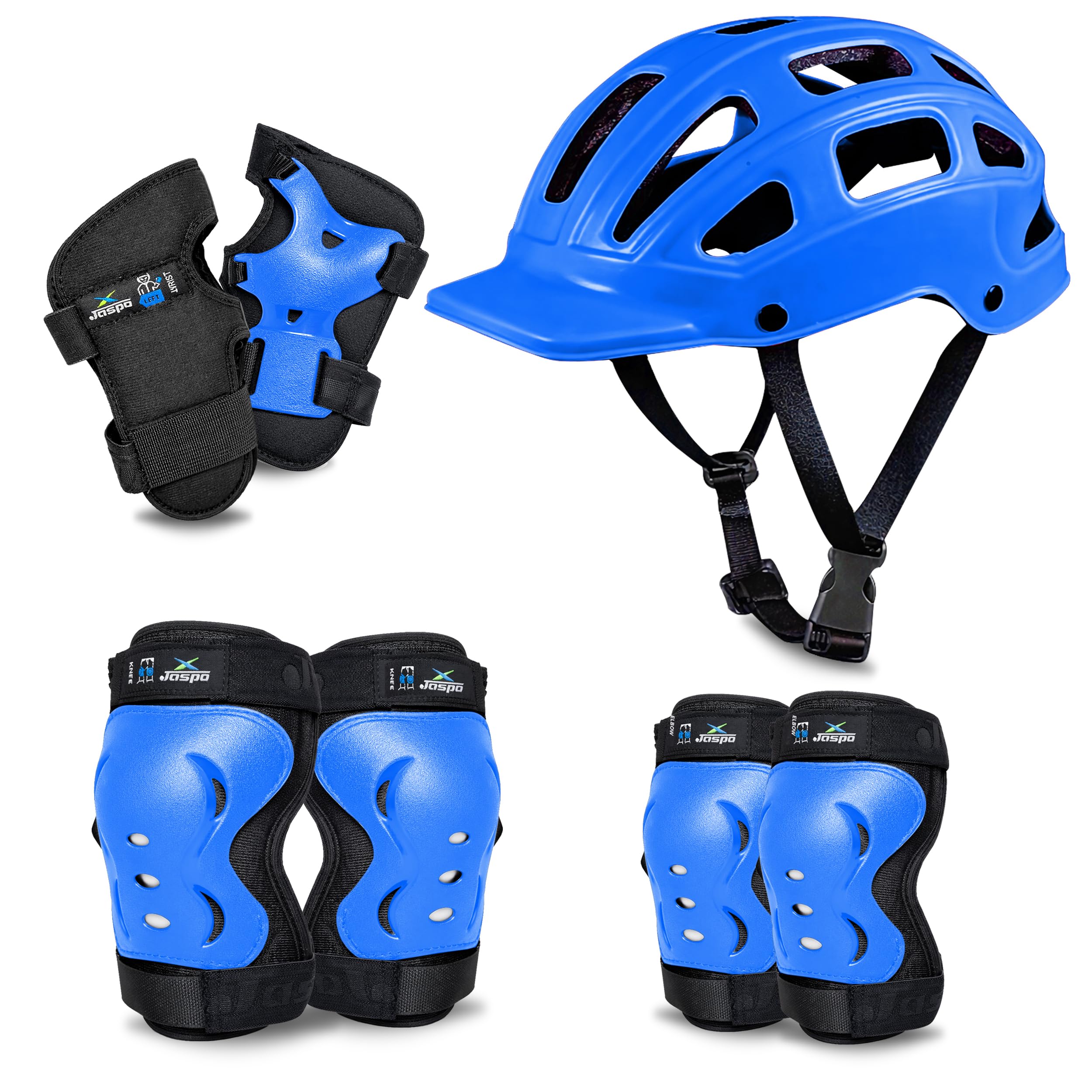 Jaspo Tyro Complete Protective Gear Set for Kids | Helmet with Knee Pads, Elbow Pads & Wrist Guards for Skating, Cycling & Skateboarding (Blue) (6-14 Years)