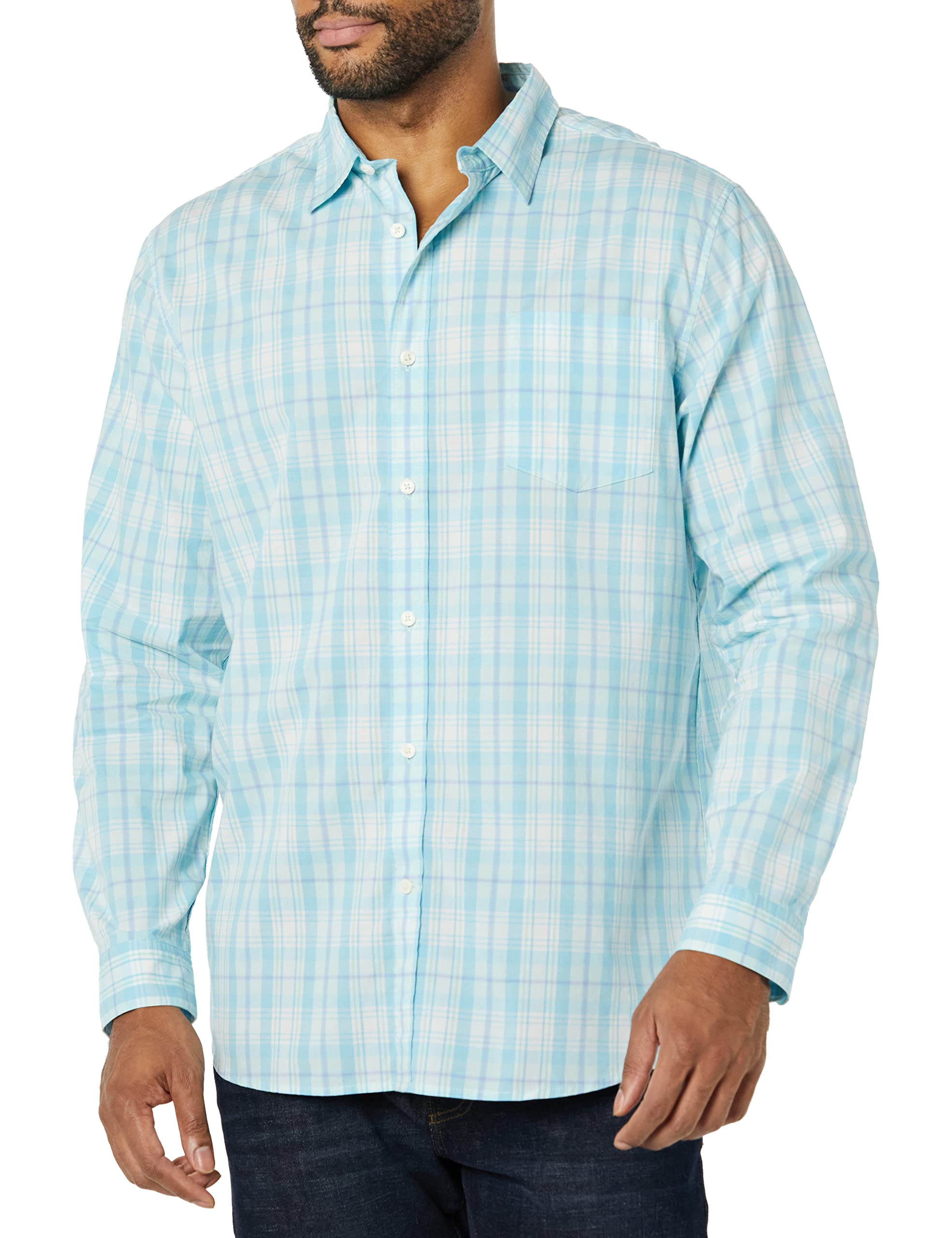 Amazon Essentials Men's Long-Sleeve Slim-Fit Stretch Poplin Shirt Shirt, -Light Blue/White, Plaid, Medium