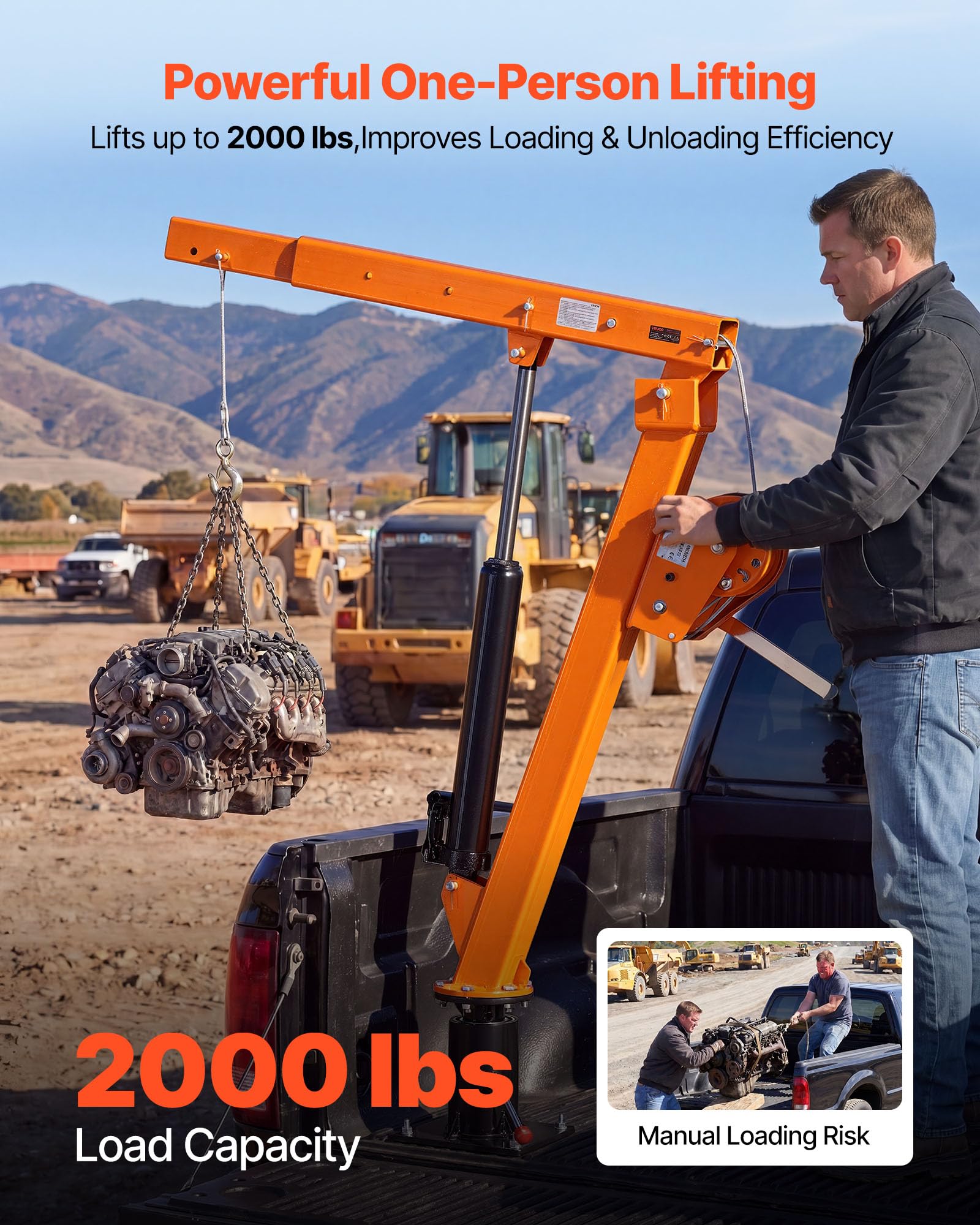 VEVOR Pickup Kran mit 907,2kg Tragkraft, Manueller Ladekran Inkl. Handwinde & 12t Hydraulikpumpe, Hebekran mit Teleskopausleger & 360° Drehkranz, Hebezeug aus Kohlenstoffstahl für Pick-up LKW Anhänger