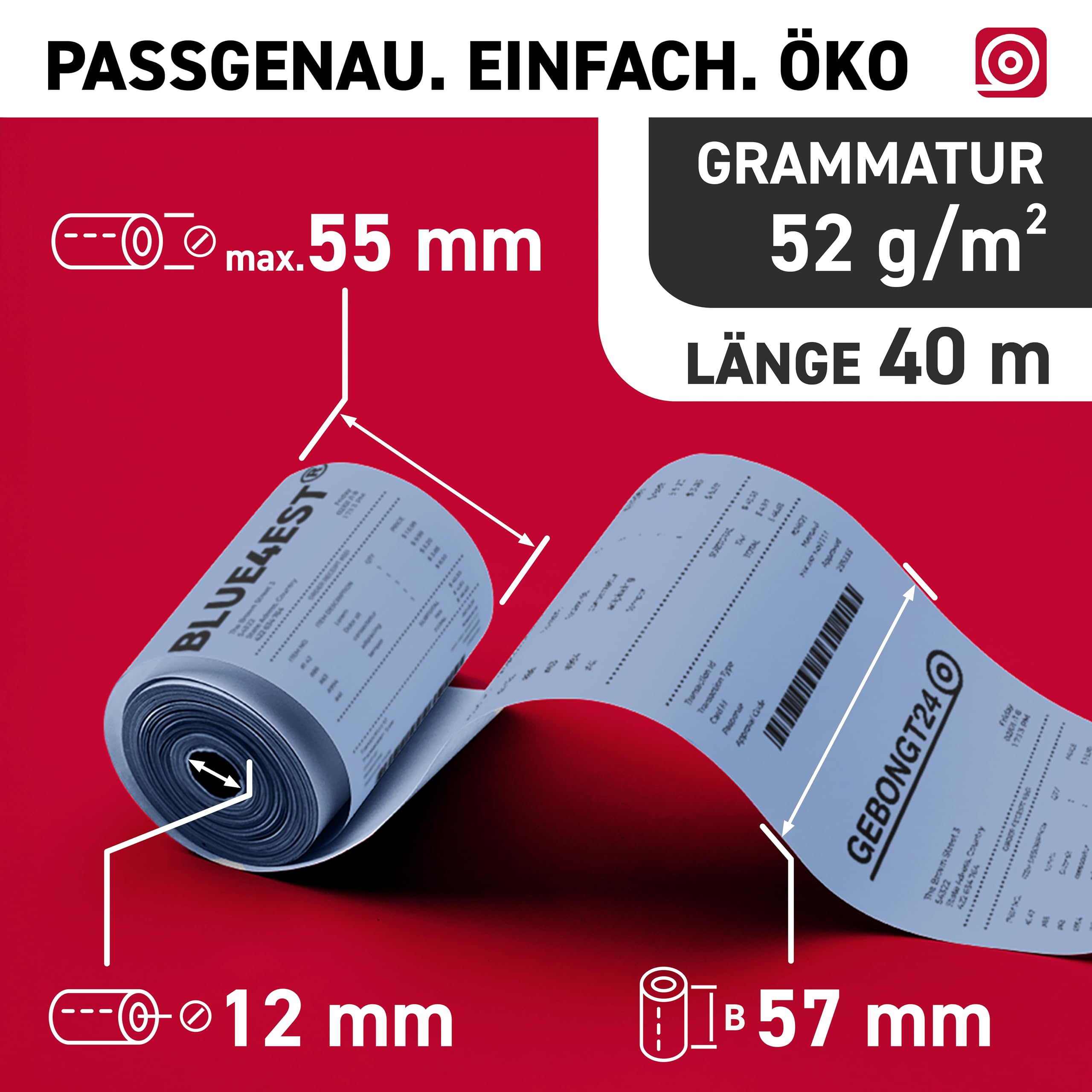 Blue4est® Öko Thermorolle 57 mm x 40m x 12 mm - umweltfreundliches Thermopapier 48 g/m² - 50 Kassenrollen mit ca. 55 mm Rollendurchmesser - Ökobon für EC-Cash und Kassenbondrucker