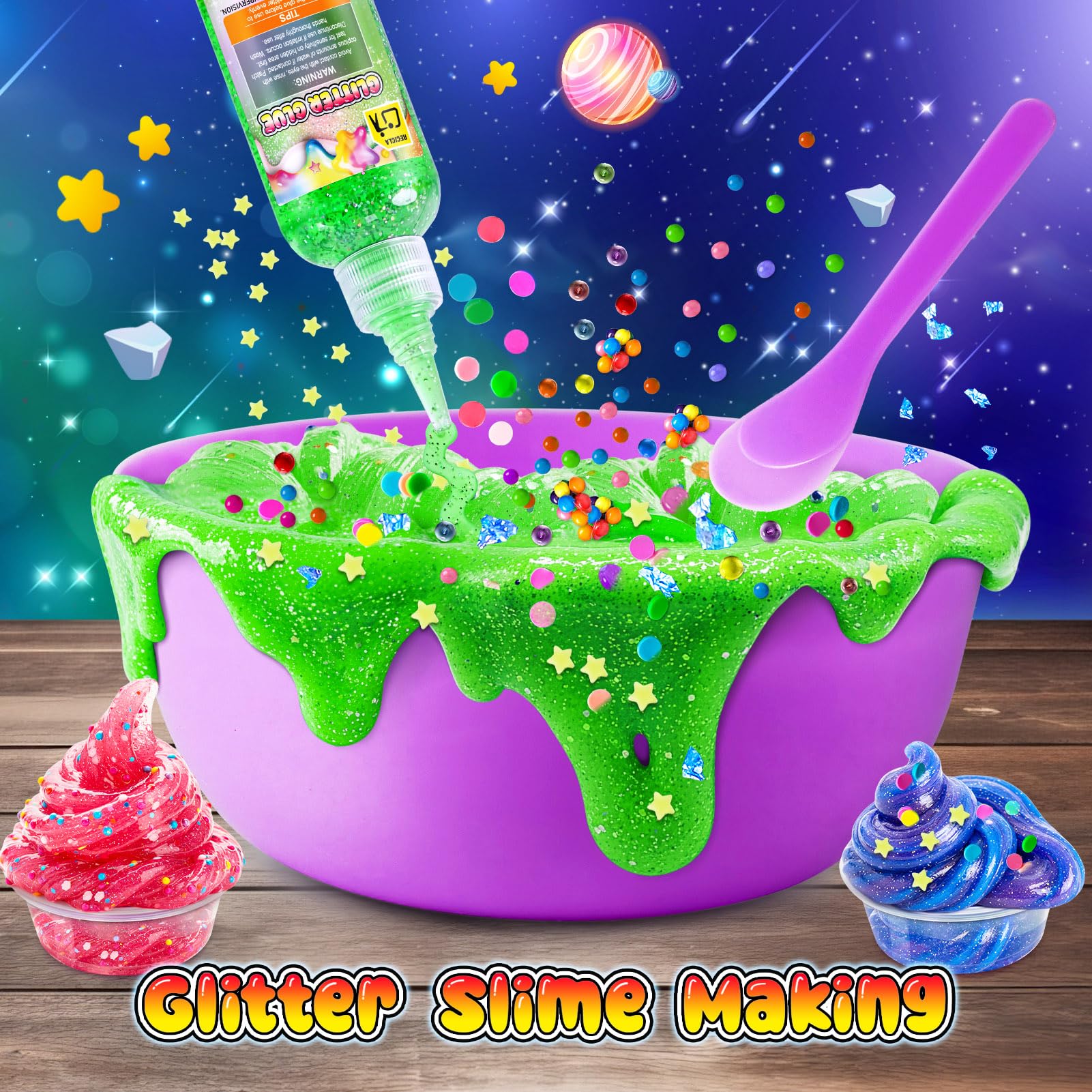 Kit Slime Fai da Te per Bambine, Kit Slime Galaxy per Bambini, Kit Slime Glitterato con Aggiunte, Glimmer Crunchy, Palline di Schiuma, Charm, Glitter, Regali per Bambini e Bambine 3-12 anni