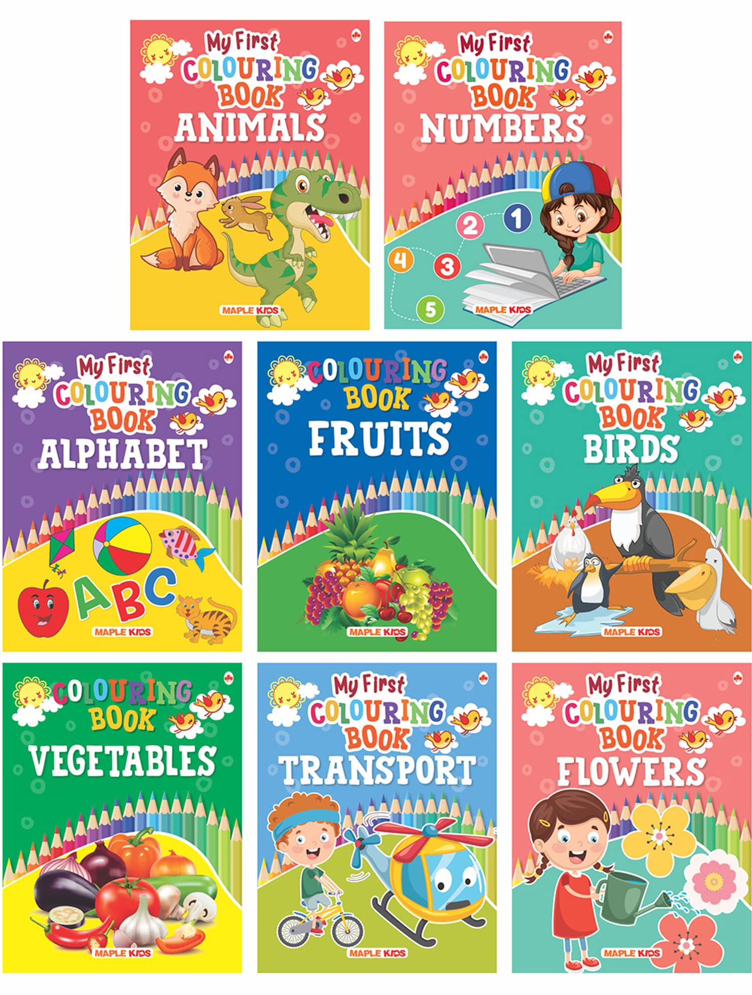 Colouring Books for Kids (Set of 8 books) - Gift to children for painting, drawing and colouring - Numbers, Fruits, Birds, Vegetables, Animals, Transport, Alphabet, Flowers - 3 to 6 years old
