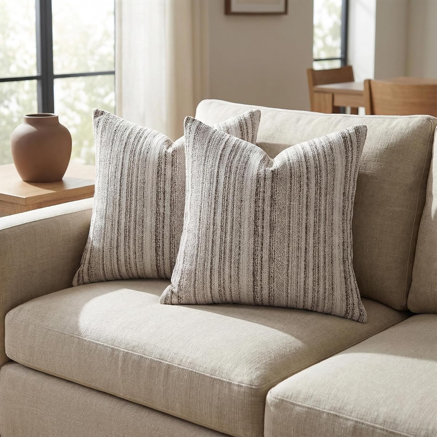 BOYSUM Set of 2 Striped Chenille Throw Pillow Covers 18x18 Inches Premium Plush Textured Decorative Cushion Covers Reinforced Hidden Zipper Mid-Century Modern Farmhouse Decor for Couch Sofa Beige